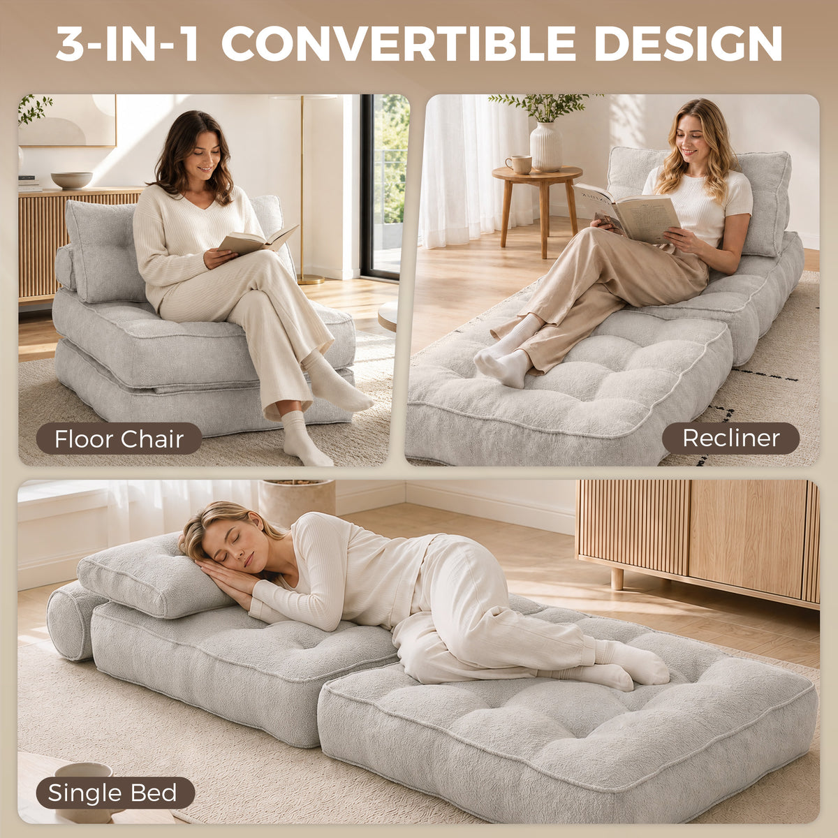 Folding Sofa Bed, Boneless Cloud Linen Sleeper Chair Bed, 3-in-1 Convertible Floor Sofa with Thick Supportive Cushion, Pillows for Living Room, Bedroom, Beige Grey