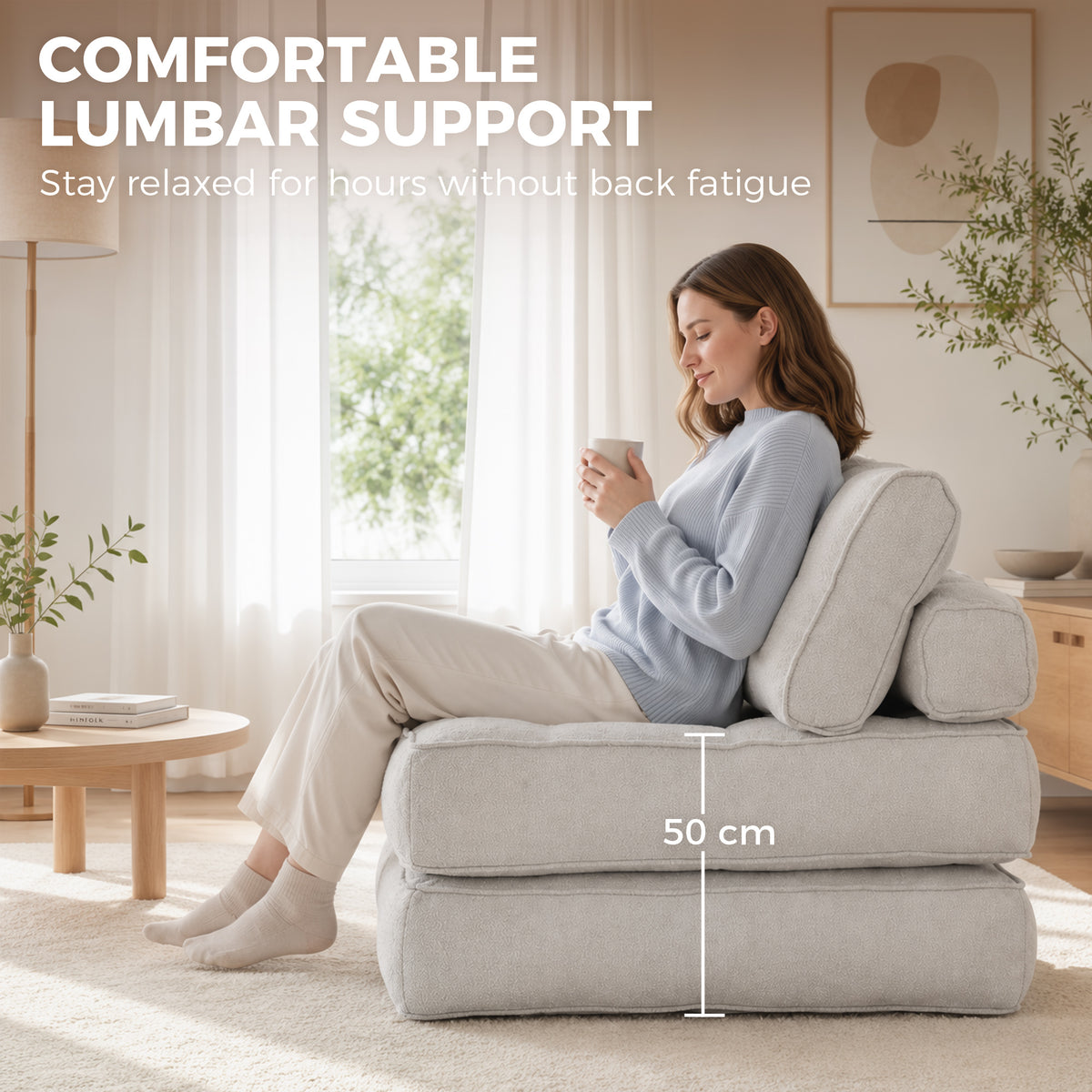 Folding Sofa Bed, Boneless Cloud Linen Sleeper Chair Bed, 3-in-1 Convertible Floor Sofa with Thick Supportive Cushion, Pillows for Living Room, Bedroom, Beige Grey