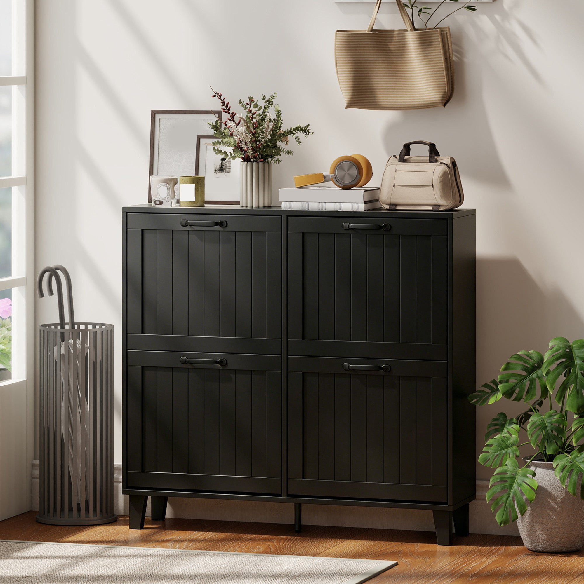 Shoe Cabinet with 4 Flip Drawers, Freestanding Narrow Shoe Storage Cabinet with Adjustable Shelves, Open Back, Bamboo Legs for Entryway, Hallway, Holds 16-20 Pairs, Black