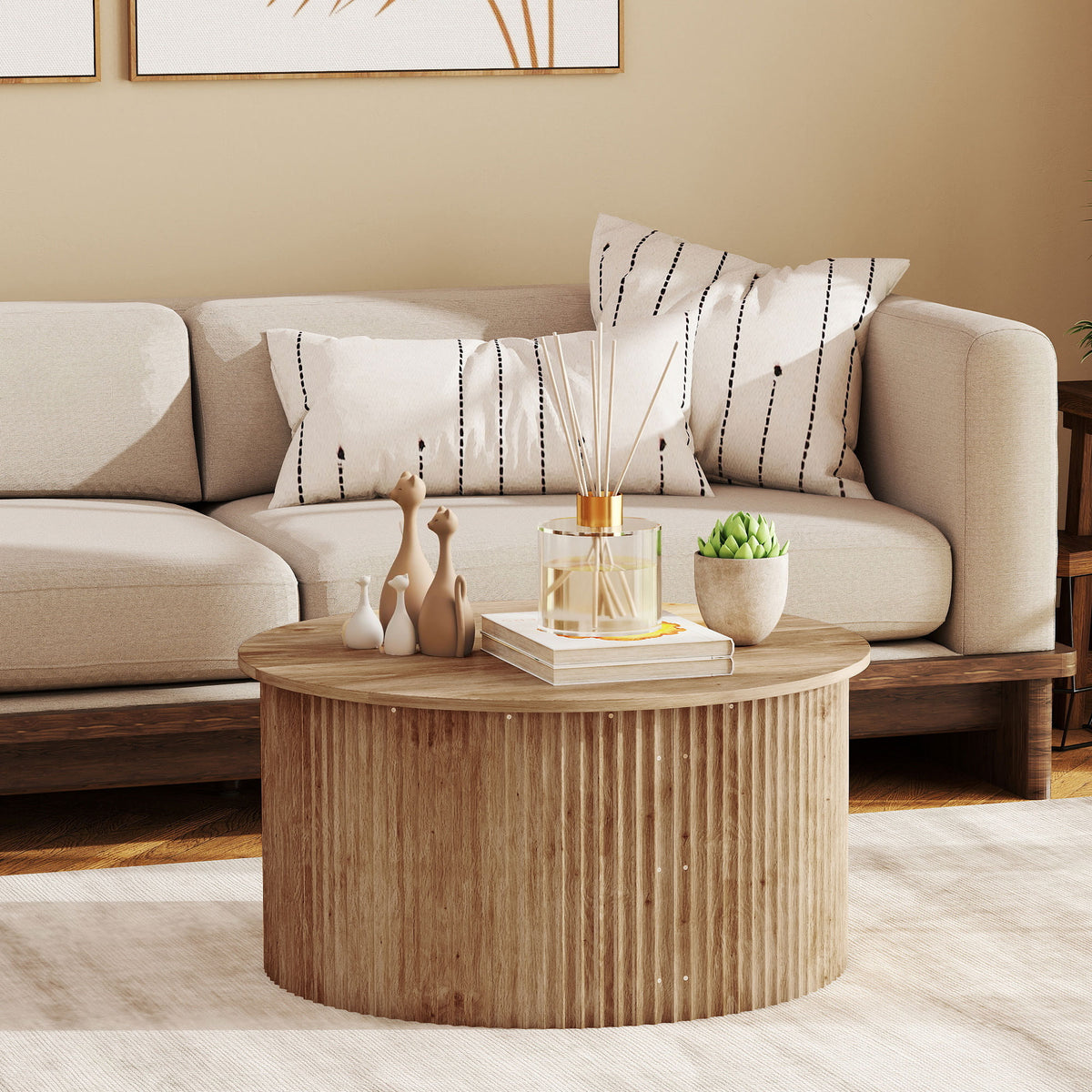 Lift Top Coffee Table, 32" Modern Fluted Round Coffee Table with Hidden Compartments and Soft-Close Hinged Top for Living Room, Natural Wood