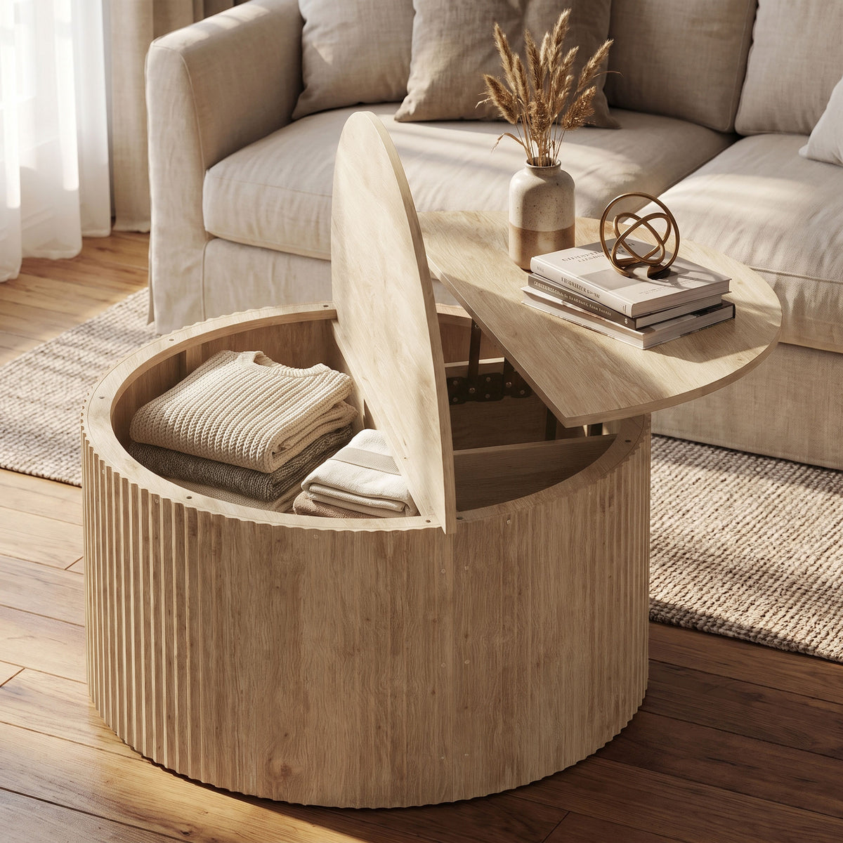 Lift Top Coffee Table, 32" Modern Fluted Round Coffee Table with Hidden Compartments and Soft-Close Hinged Top for Living Room, Natural Wood