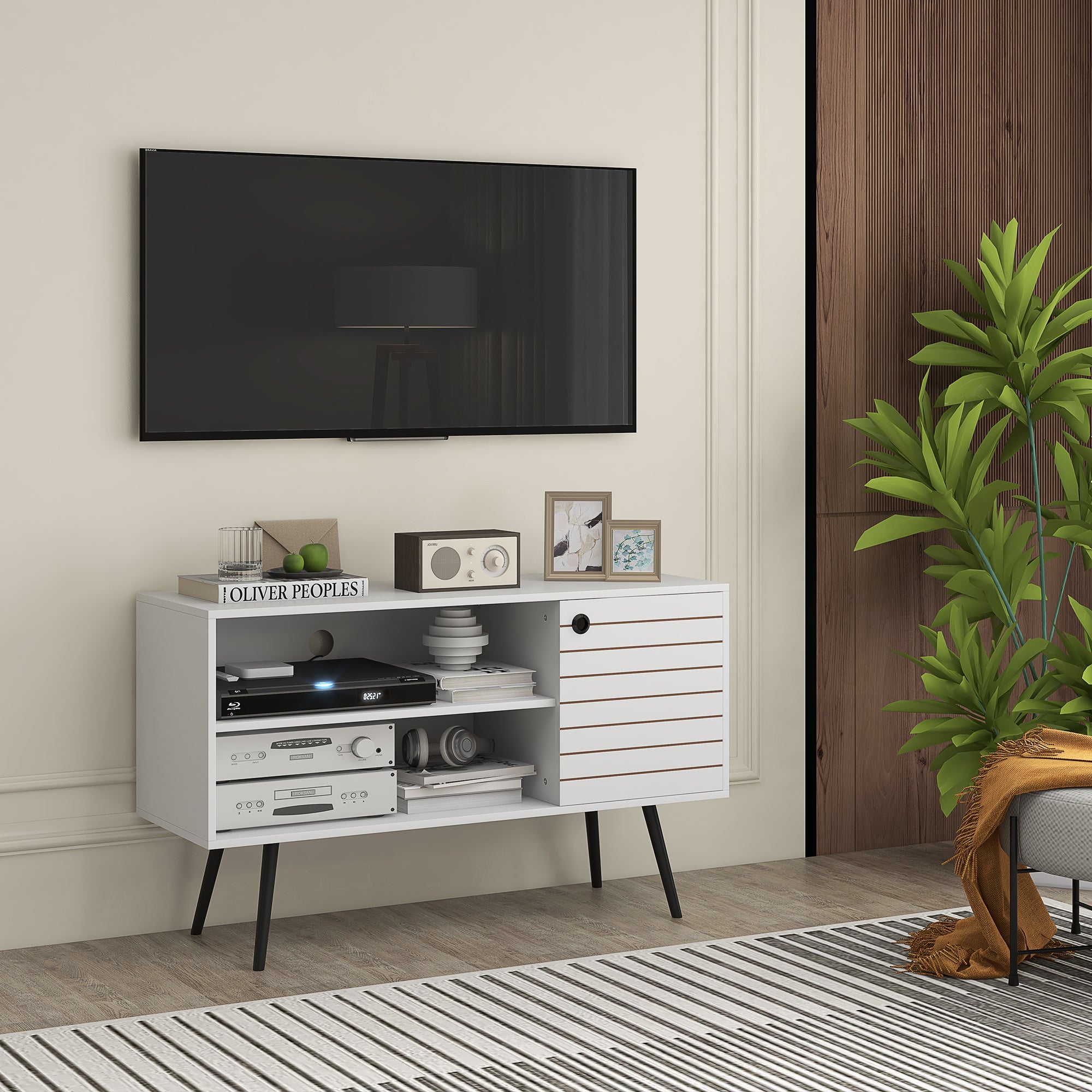 HOMCOM TV Stand Cabinet for 50 Inch TVs, TV Unit with Open Shelves, Soft-close Door and Cable Holes, Entertainment Unit for Living Room, White