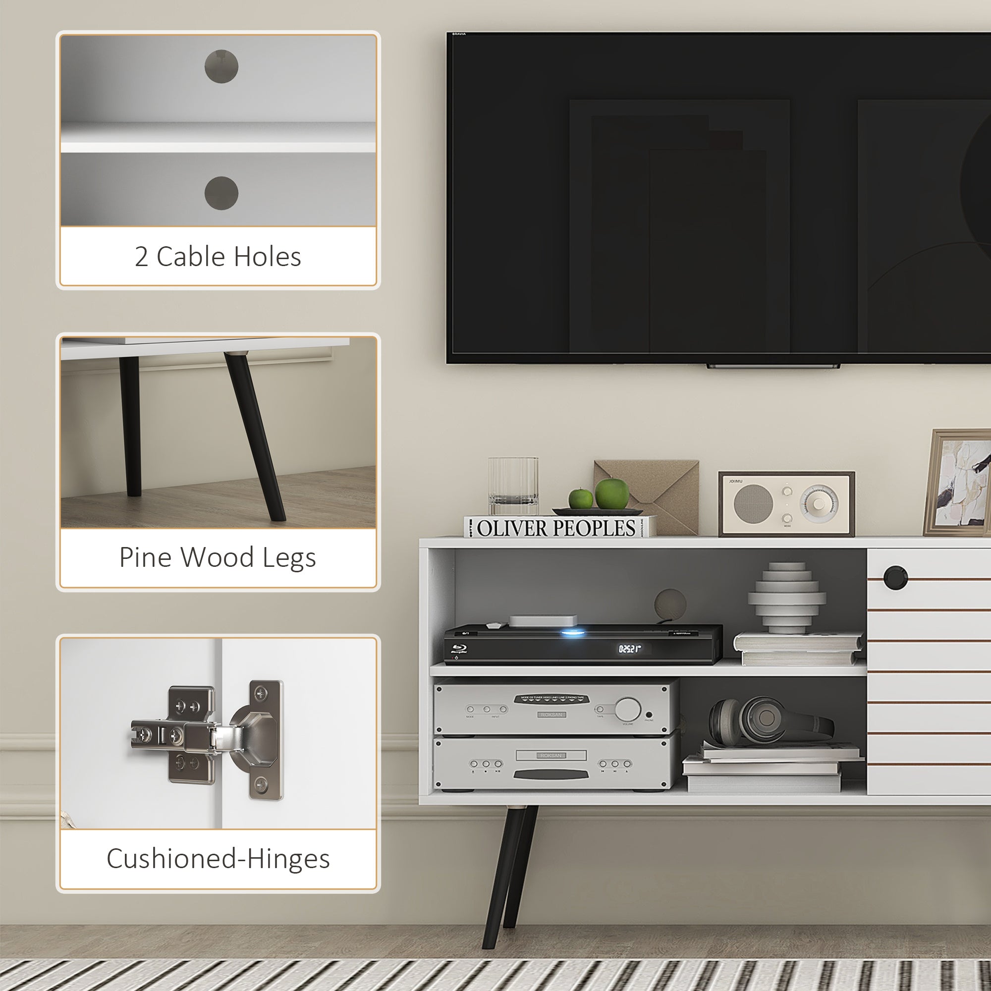 HOMCOM TV Stand Cabinet for 50 Inch TVs, TV Unit with Open Shelves, Soft-close Door and Cable Holes, Entertainment Unit for Living Room, White