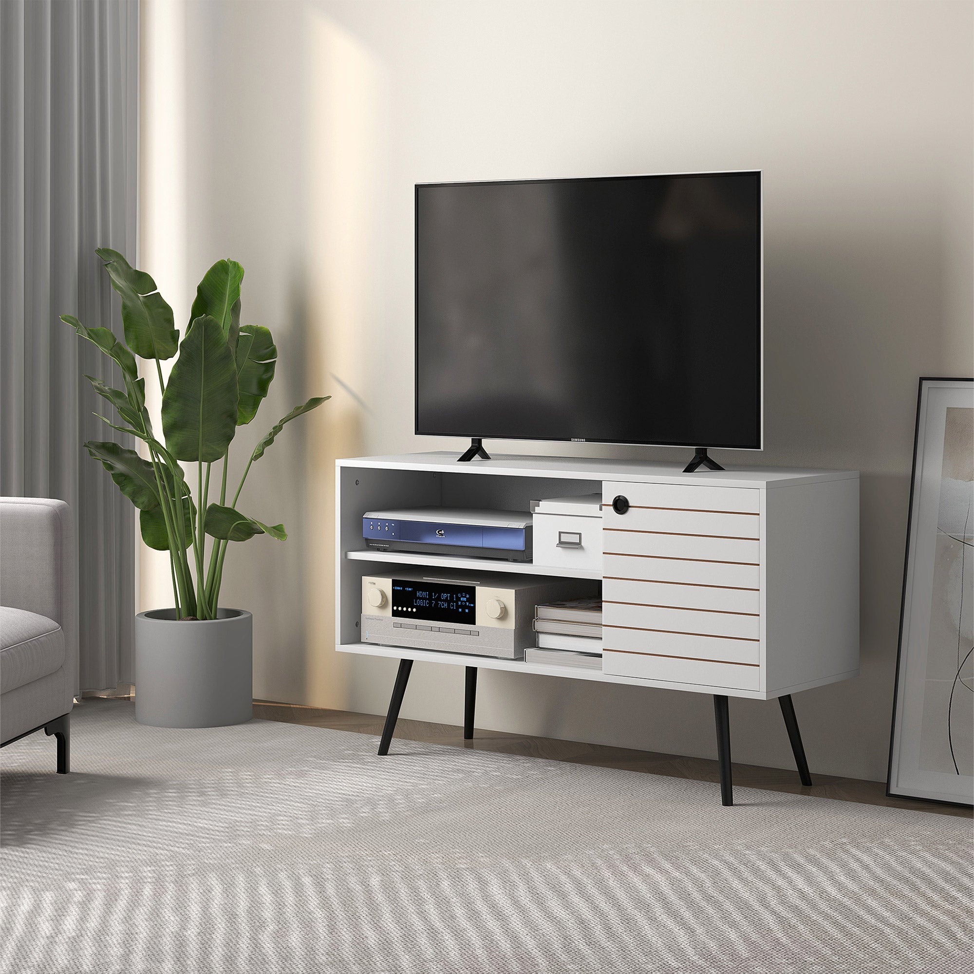 HOMCOM TV Stand Cabinet for 50 Inch TVs, TV Unit with Open Shelves, Soft-close Door and Cable Holes, Entertainment Unit for Living Room, White