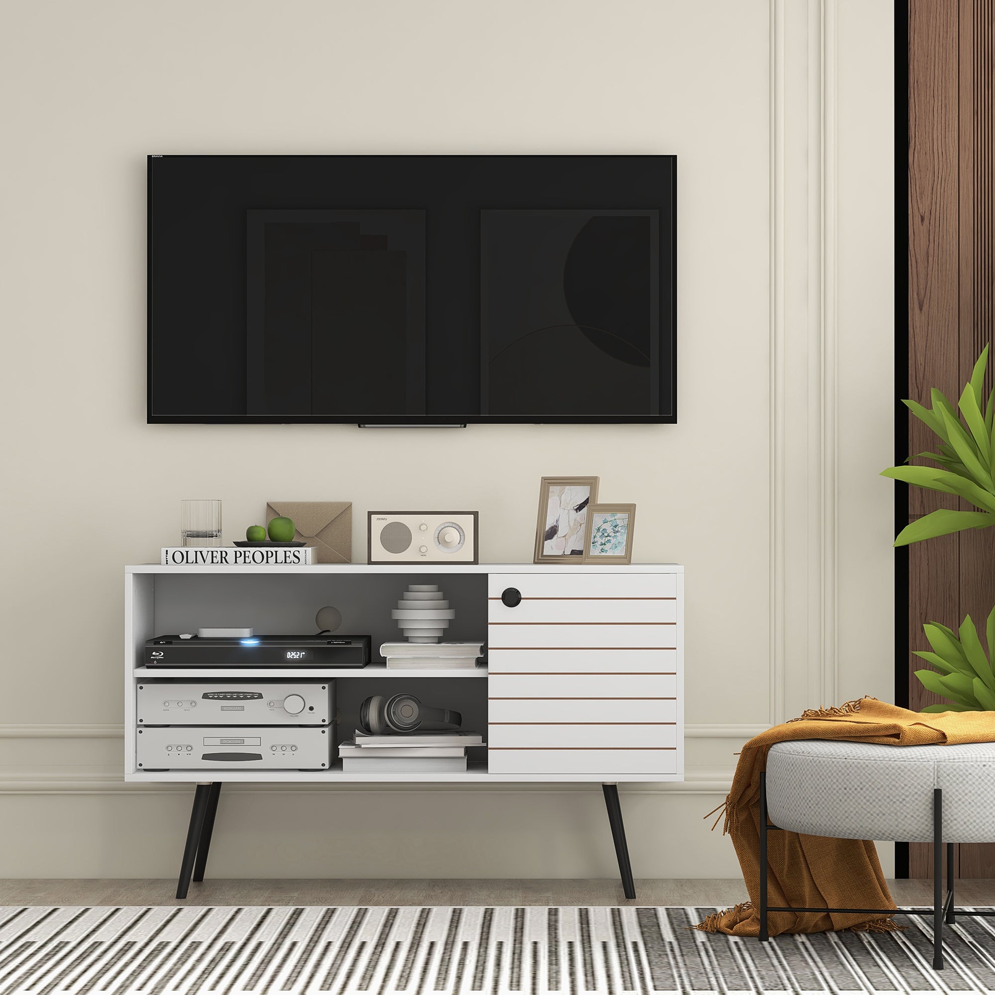 HOMCOM TV Stand Cabinet for 50 Inch TVs, TV Unit with Open Shelves, Soft-close Door and Cable Holes, Entertainment Unit for Living Room, White