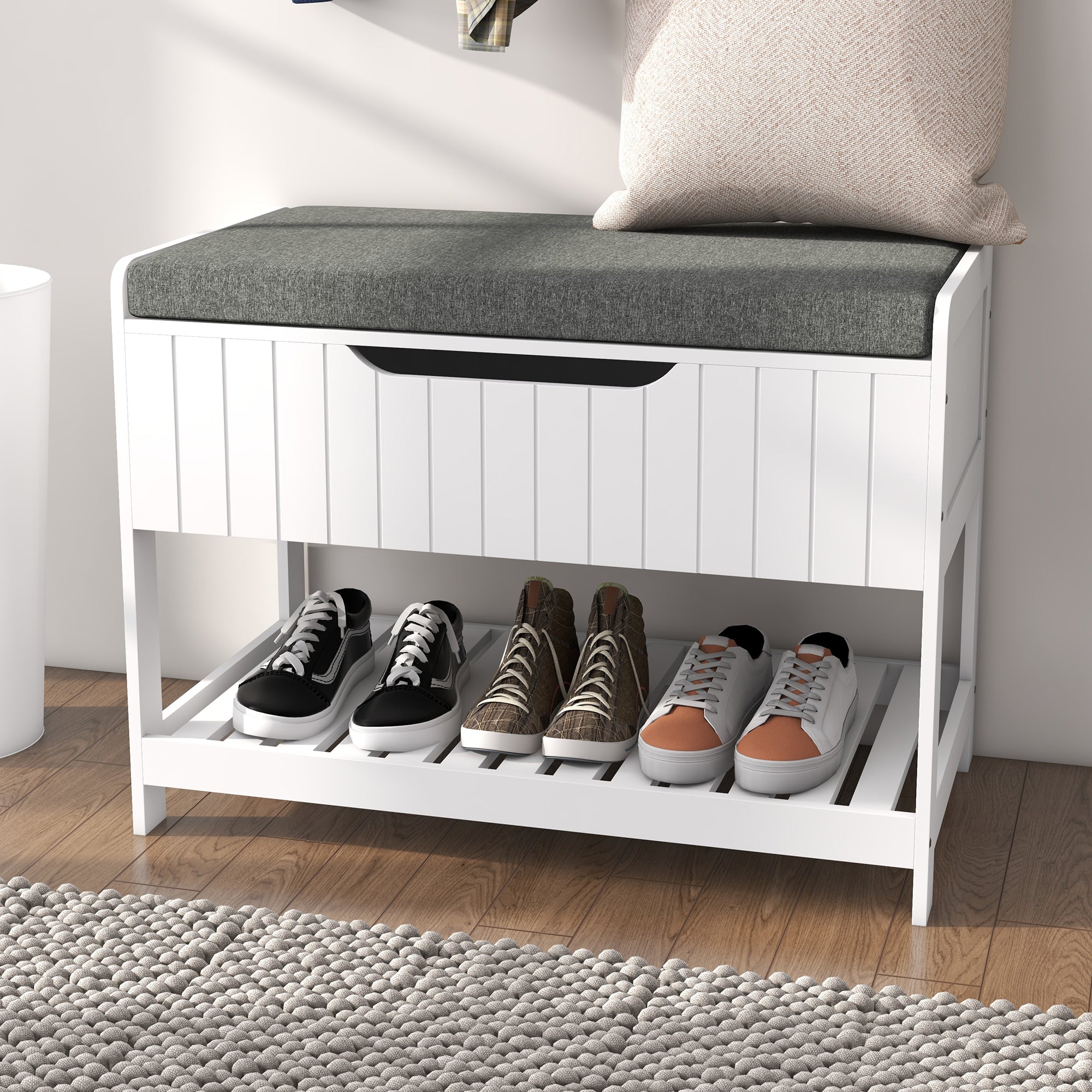 HOMCOM Coat Rack with Shoe Storage Bench, Modern 5-in-1 Hall Tree with Entryway Bench, 4 Double Hooks, Hidden Compartment and Shelves for Hallway, Living Room and Bedroom, White
