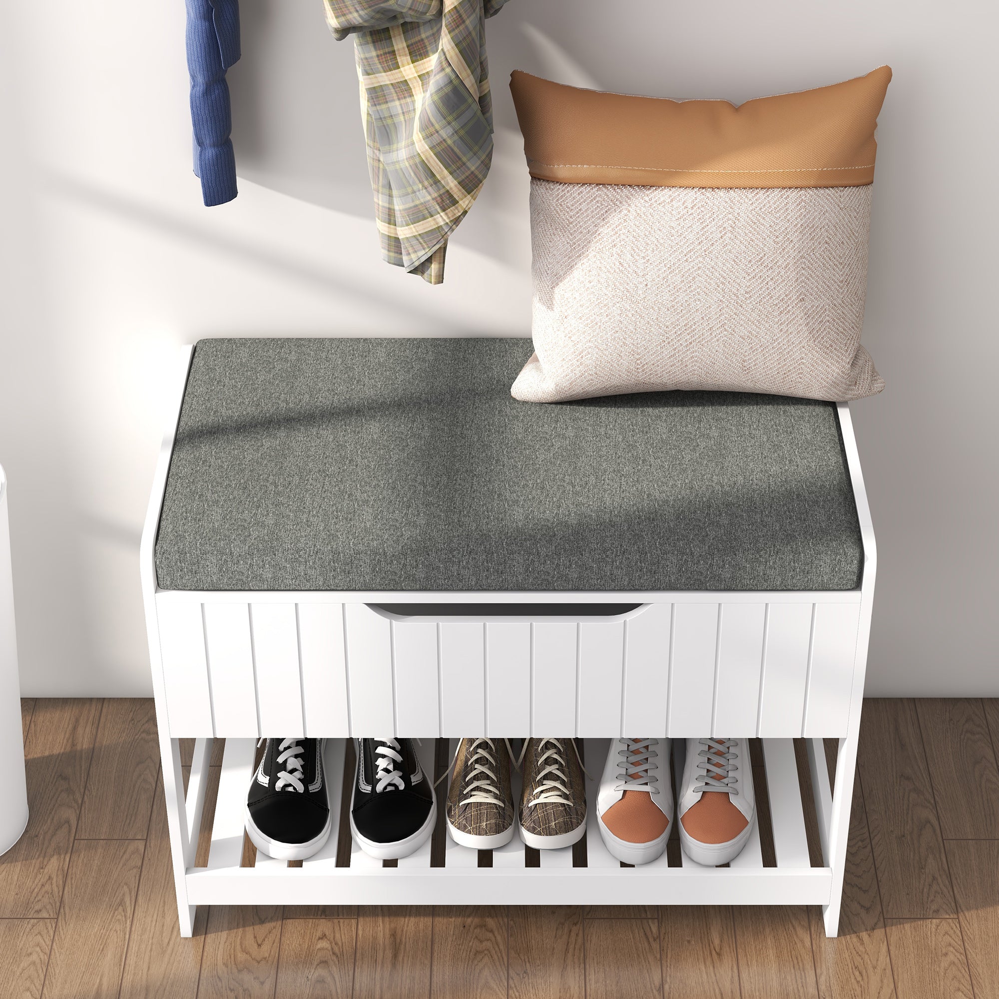 HOMCOM Coat Rack with Shoe Storage Bench, Modern 5-in-1 Hall Tree with Entryway Bench, 4 Double Hooks, Hidden Compartment and Shelves for Hallway, Living Room and Bedroom, White