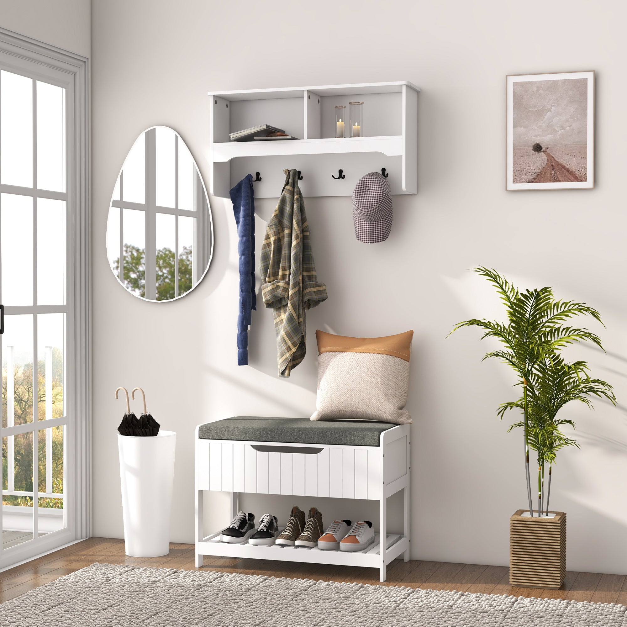 HOMCOM Coat Rack with Shoe Storage Bench, Modern 5-in-1 Hall Tree with Entryway Bench, 4 Double Hooks, Hidden Compartment and Shelves for Hallway, Living Room and Bedroom, White
