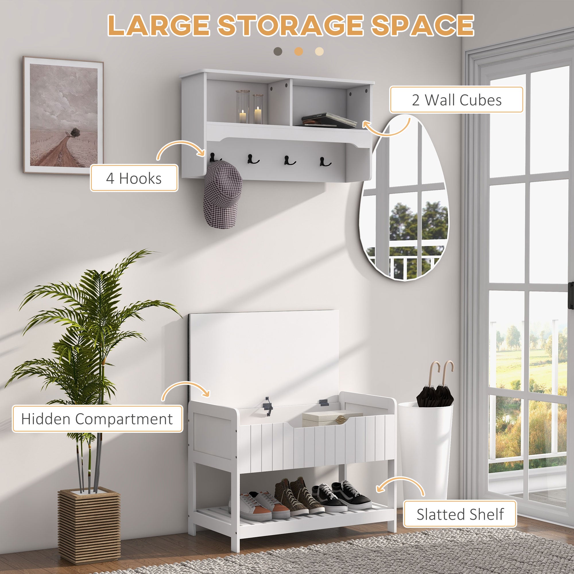HOMCOM Coat Rack with Shoe Storage Bench, Modern 5-in-1 Hall Tree with Entryway Bench, 4 Double Hooks, Hidden Compartment and Shelves for Hallway, Living Room and Bedroom, White