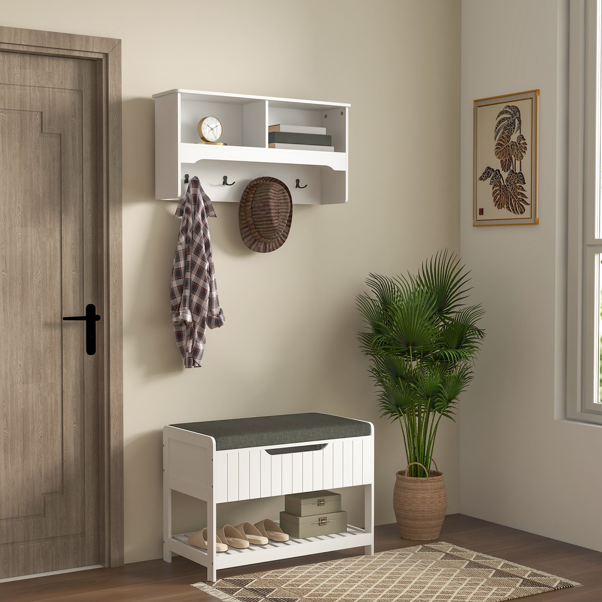 HOMCOM Coat Rack with Shoe Storage Bench, Modern 5-in-1 Hall Tree with Entryway Bench, 4 Double Hooks, Hidden Compartment and Shelves for Hallway, Living Room and Bedroom, White