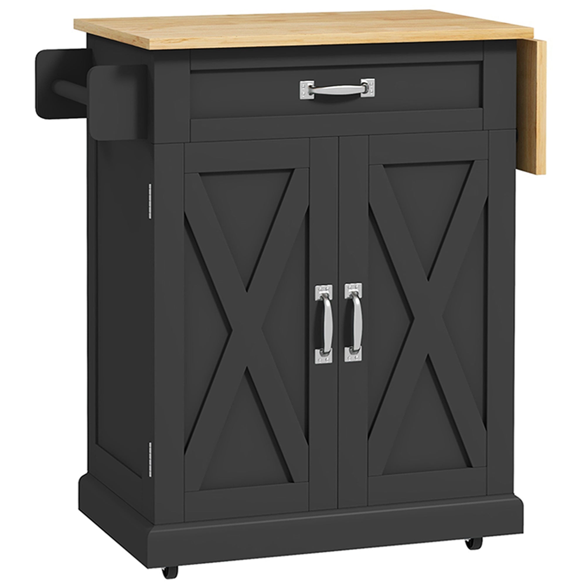 HOMCOM Foldable Kitchen Island with Storage Drawer, Farmhouse Style Rolling Utility Cart, Coffee Bar Cabinet on Wheels with Drop-Leaf Wood Top (Black)