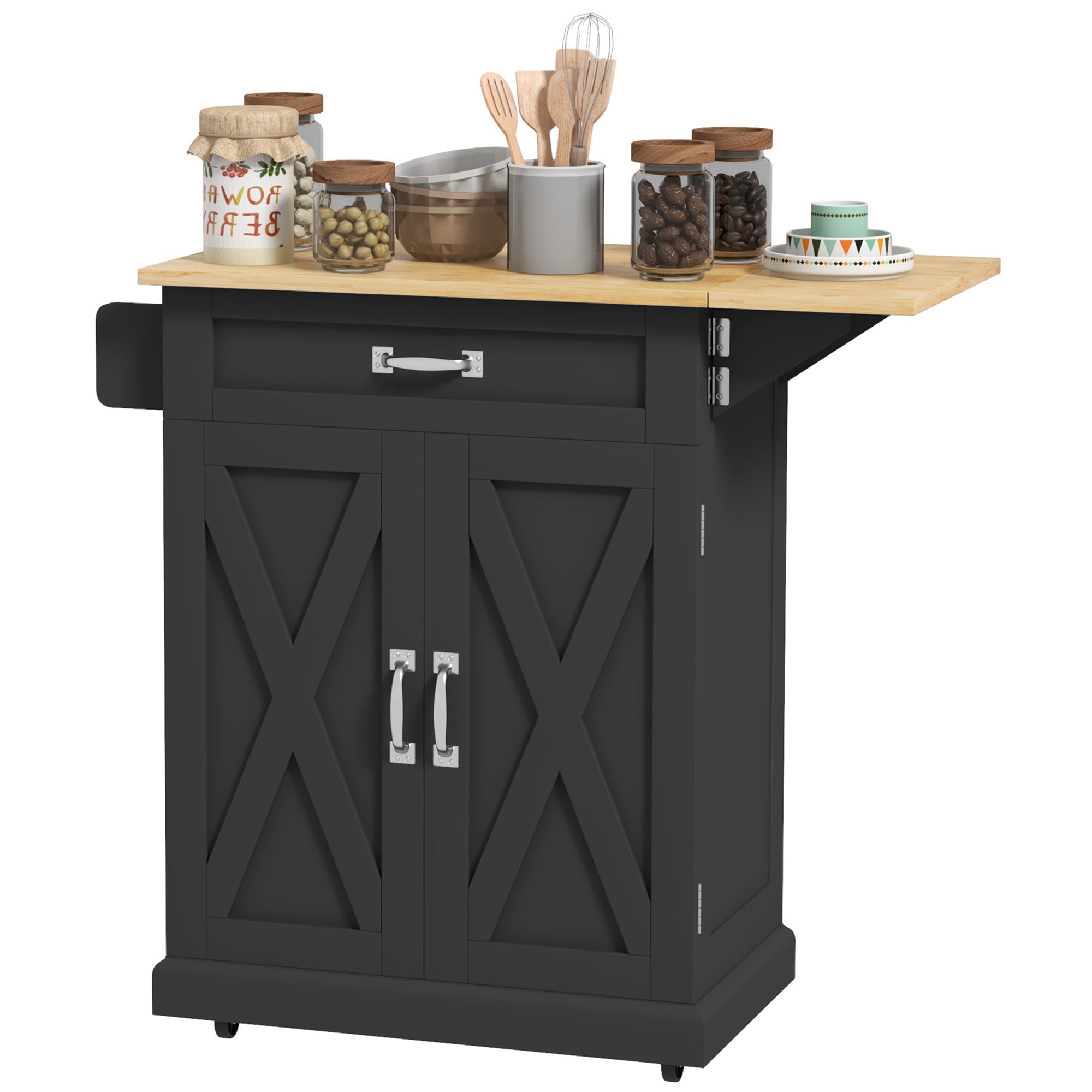 HOMCOM Foldable Kitchen Island with Storage Drawer, Farmhouse Style Rolling Utility Cart, Coffee Bar Cabinet on Wheels with Drop-Leaf Wood Top (Black)