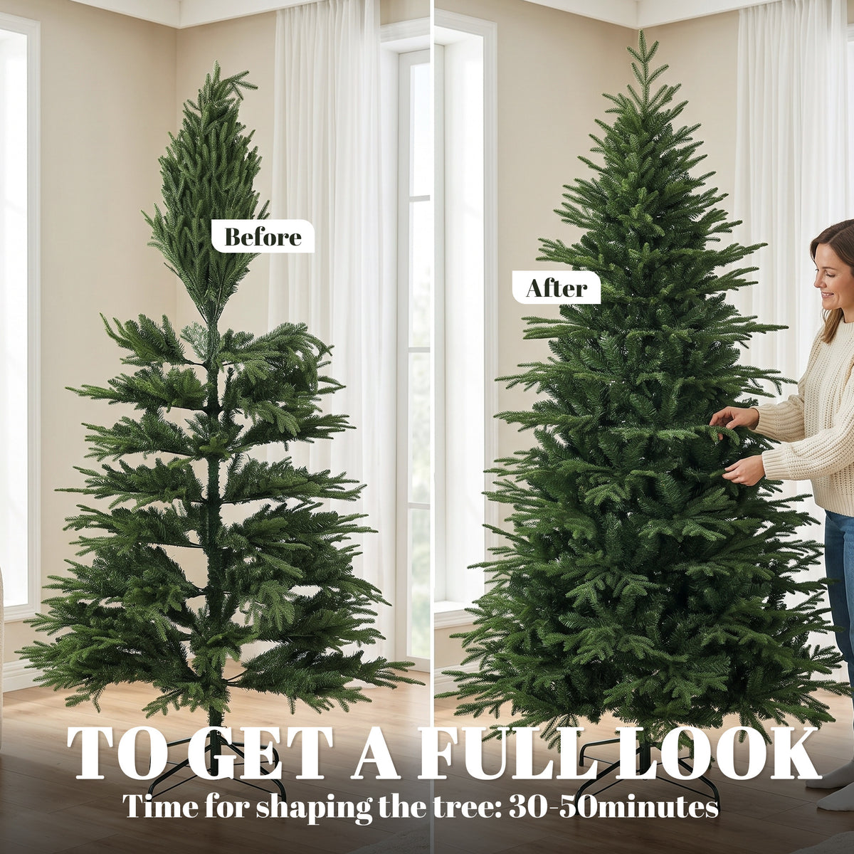 7ft Artificial Christmas Tree with 2080 Realistic Tips, Hinged Xmas Tree with Wide Shape, Foldable Metal Base for Home Office Holiday Decoration, Green