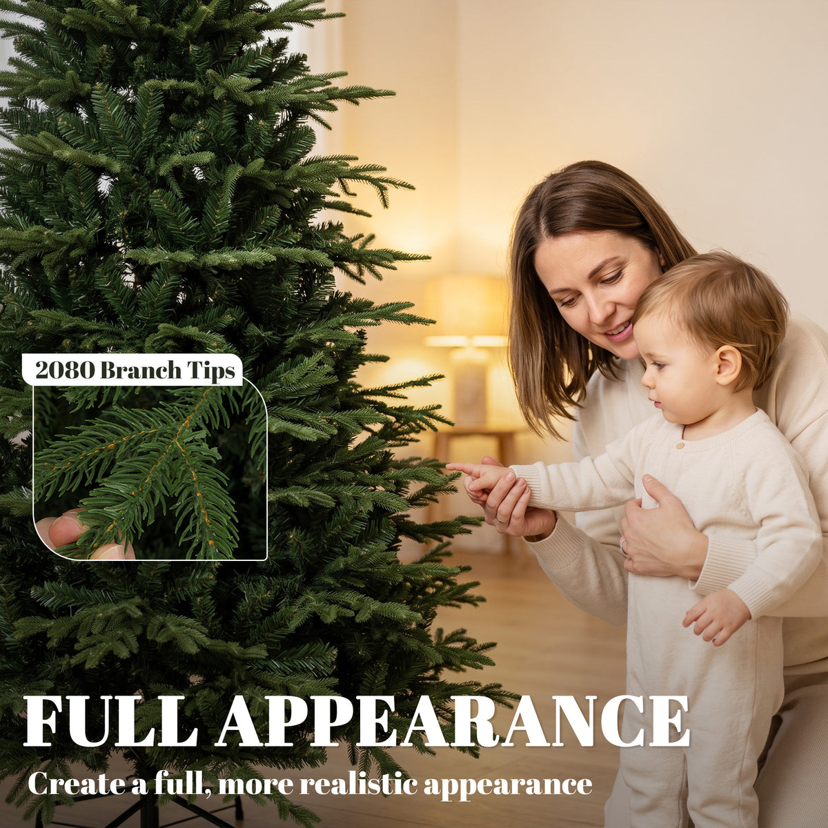 7ft Artificial Christmas Tree with 2080 Realistic Tips, Hinged Xmas Tree with Wide Shape, Foldable Metal Base for Home Office Holiday Decoration, Green