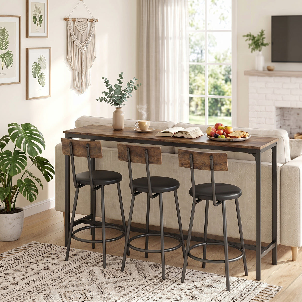 4 Piece Counter Height Bar Table Set, Kitchen Dining Table with 3 Upholstered Stools, Footrests, Space-Saving Pub Table & Chairs for Dining Room,  Living Room, Rustic Brown