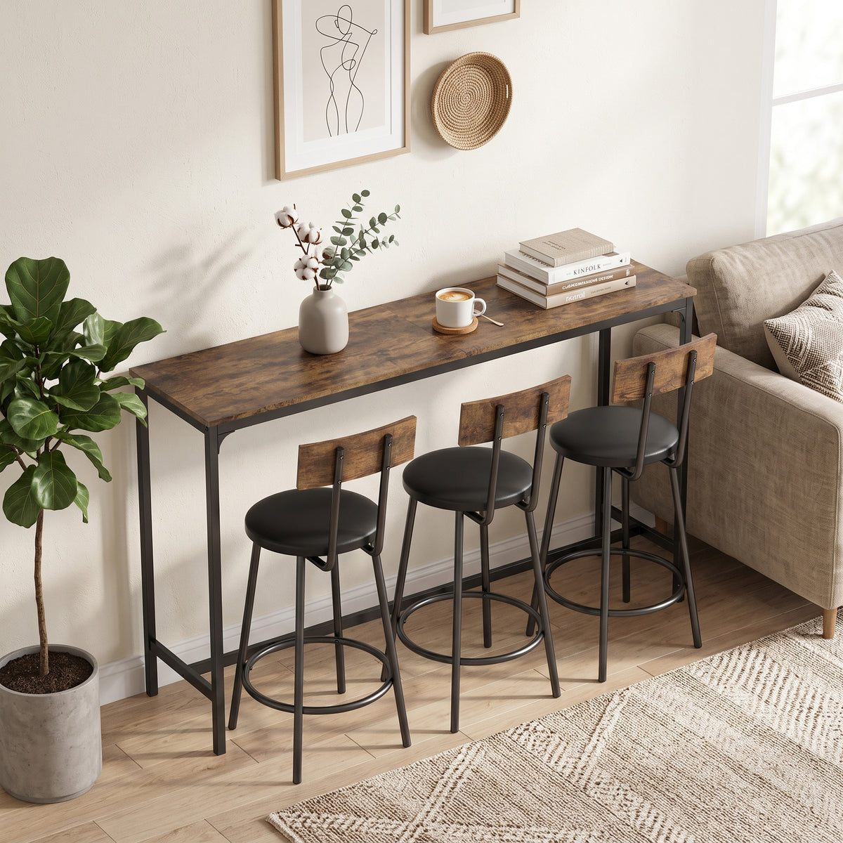 4 Piece Counter Height Bar Table Set, Kitchen Dining Table with 3 Upholstered Stools, Footrests, Space-Saving Pub Table & Chairs for Dining Room,  Living Room, Rustic Brown