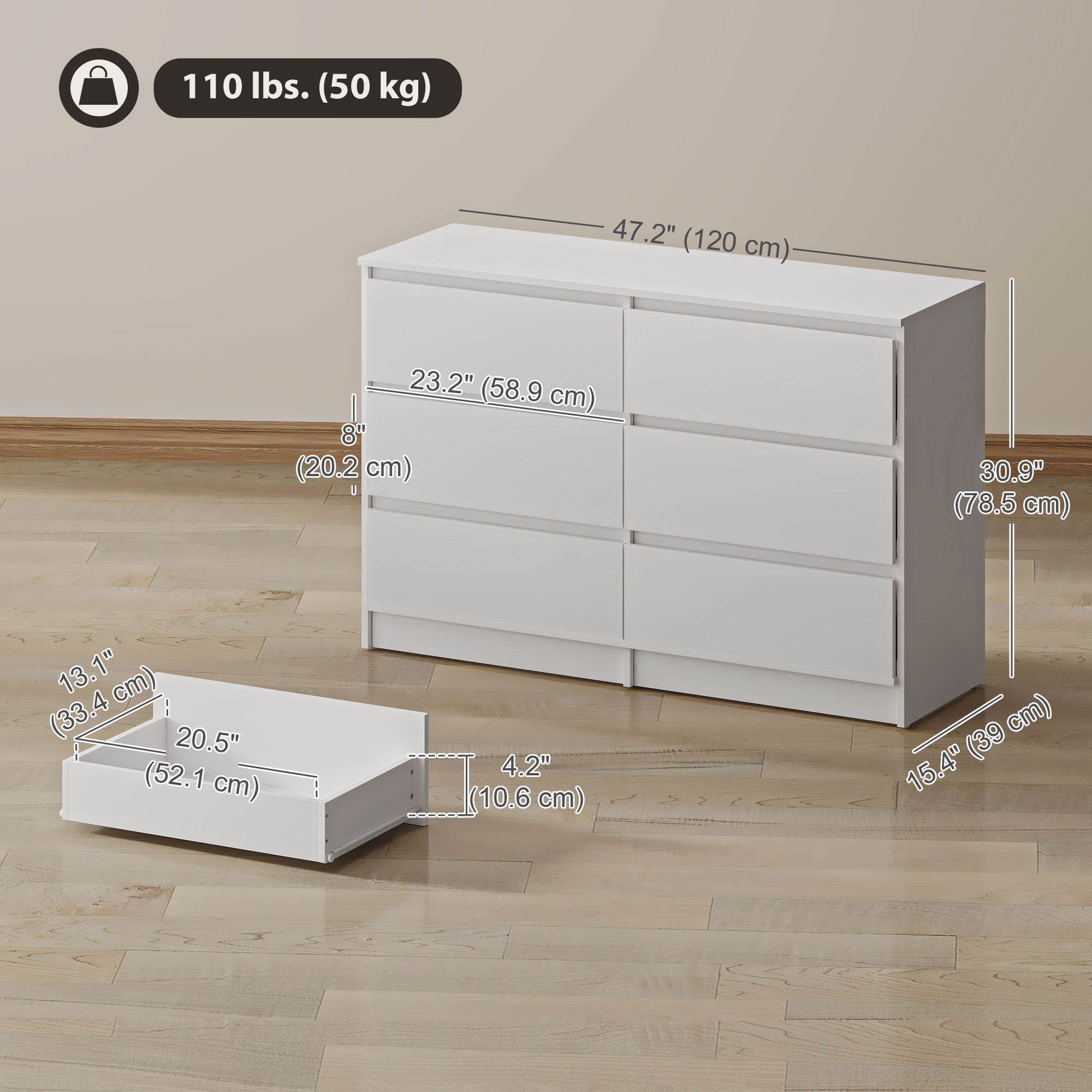 6 Drawer Dresser for Bedroom, Wide Chest of Drawers, Modern Clothes Storage Organizer for Living Room, Hallway, White