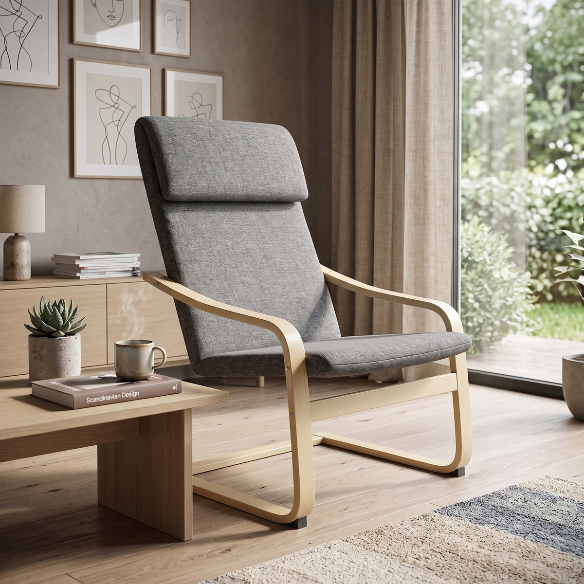 Modern Accent Chair, Linen-Feel Upholstered Living Room Chair with Wood Curved Legs and Wide Padded Seat for Balcony, Dark Grey