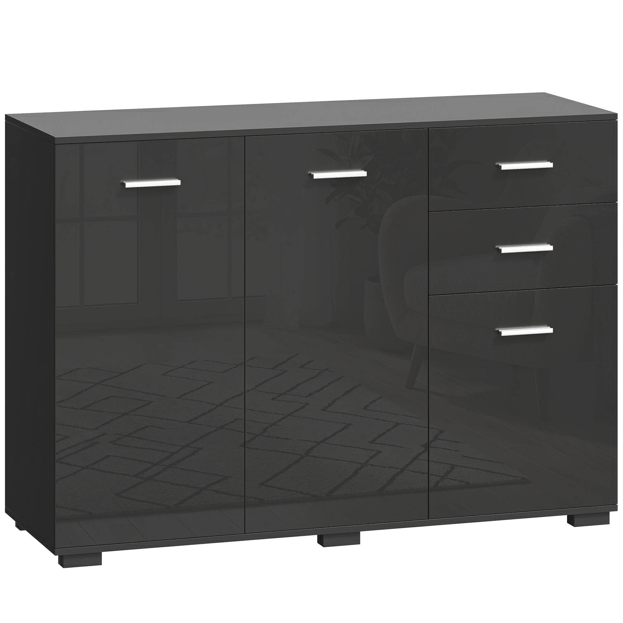 Sideboard, Modern Storage Cabinet with 2 Drawers, 3 Doors and Adjustable Shelves, Kitchen Cabinet for Living Room, Dining Room, High Gloss Black