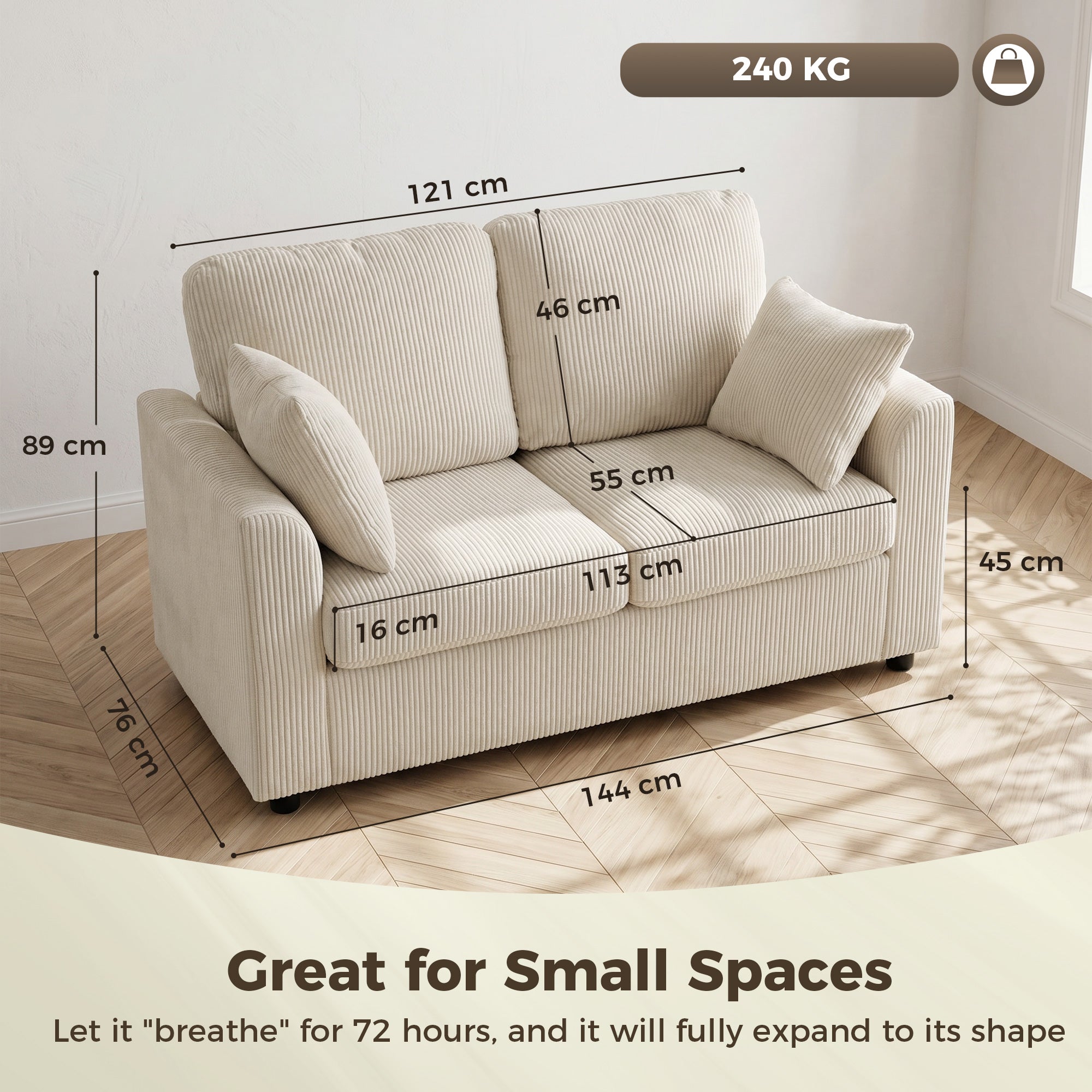 2 Seater Sofa, 144cm Corduroy Small Couch with Spring Cushion, Wide and Deep Seat, Plush Backrest, 2 Pillows, Loveseat Sofa Settee for Small Space, Living Room, Bedroom, Home Office, Beige