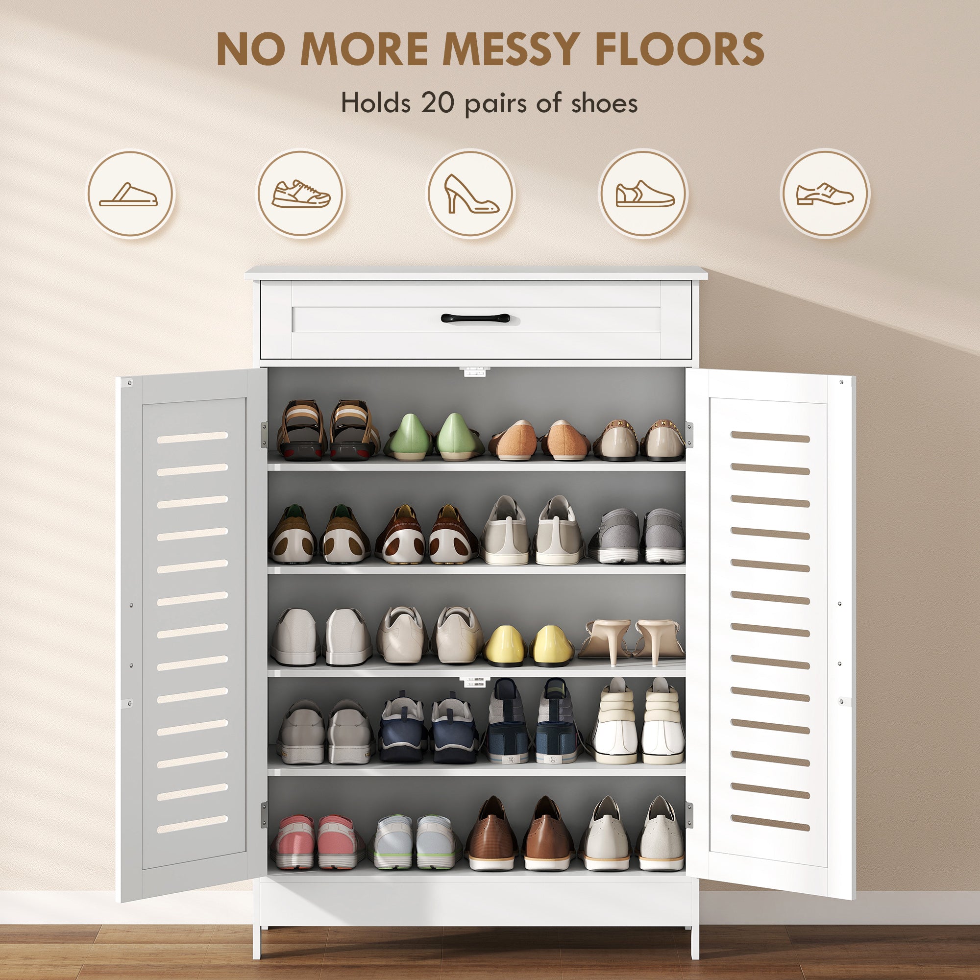 Shoe Cabinet with Louvered Doors, Modern Shoe Storage Cabinet with Drawer and Adjustable Shelves, Holds up to 20 Pairs for Entryway, Hallway, White