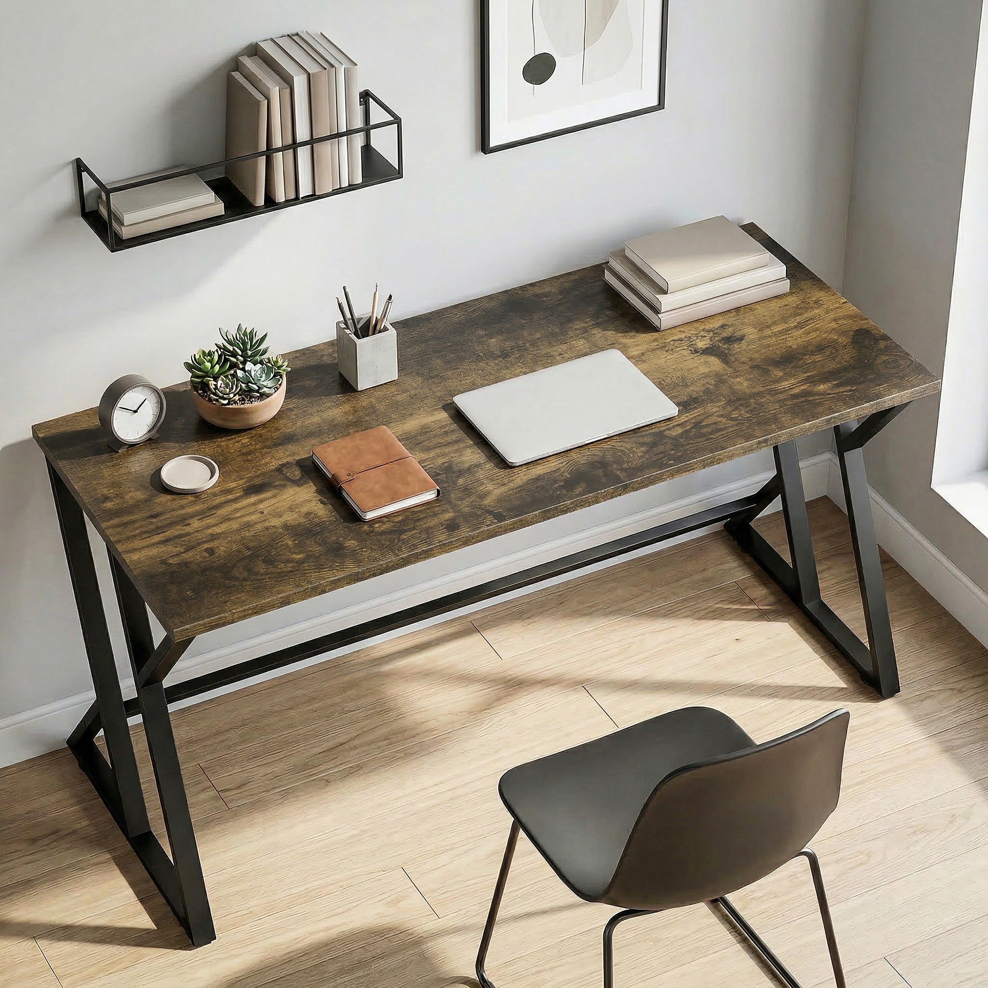 55 Inch Computer Desk, Industrial Writing Desk with Z-Shaped Metal Leg, Study Table for Home Office, Bedroom, Small Spaces, Rustic Brown