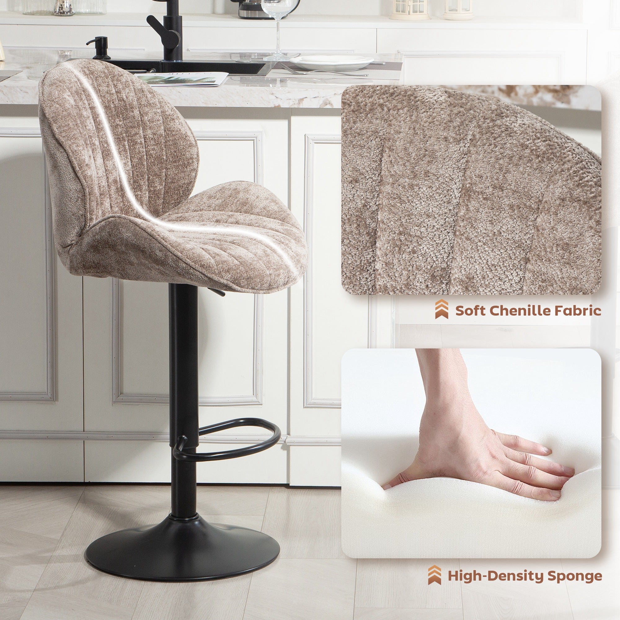 Bar Stools Set of 2, Swivel Counter Height Barstools with Back, Adjustable Height and Footrest, Chenille Upholstered Modern Bar Chairs for Kitchen Island, Dining Room, Brown