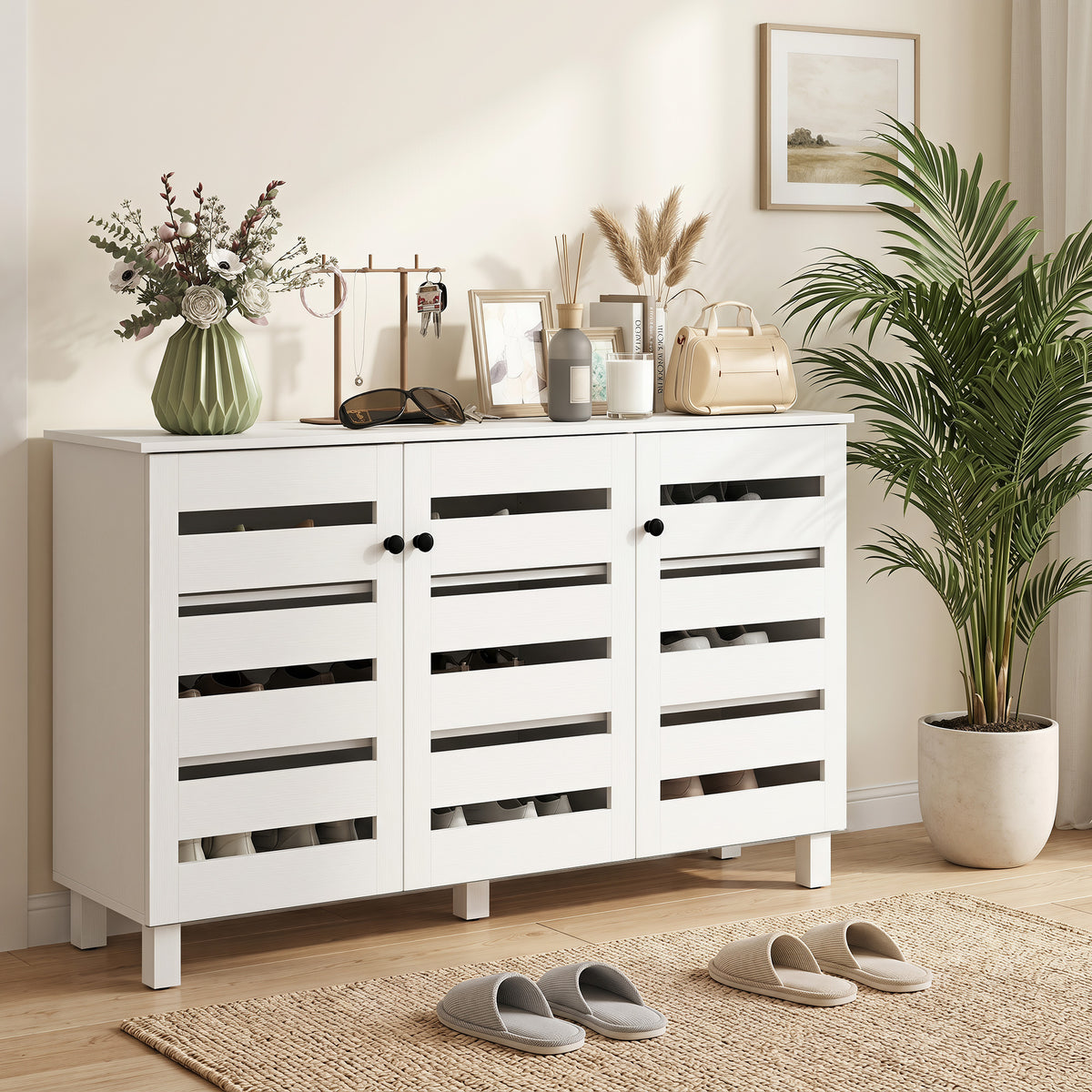 Shoe Cabinet, Shoe Storage Cabinet with 3 Slatted Doors, 3-tier Shelving Shoe Rack Cabinet with Adjustable Shelves for Entryway, Hallway, Living Room, Holds 15 Pairs, White