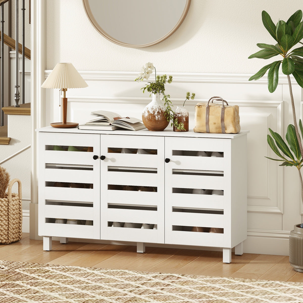 Shoe Cabinet, Shoe Storage Cabinet with 3 Slatted Doors, 3-tier Shelving Shoe Rack Cabinet with Adjustable Shelves for Entryway, Hallway, Living Room, Holds 15 Pairs, White