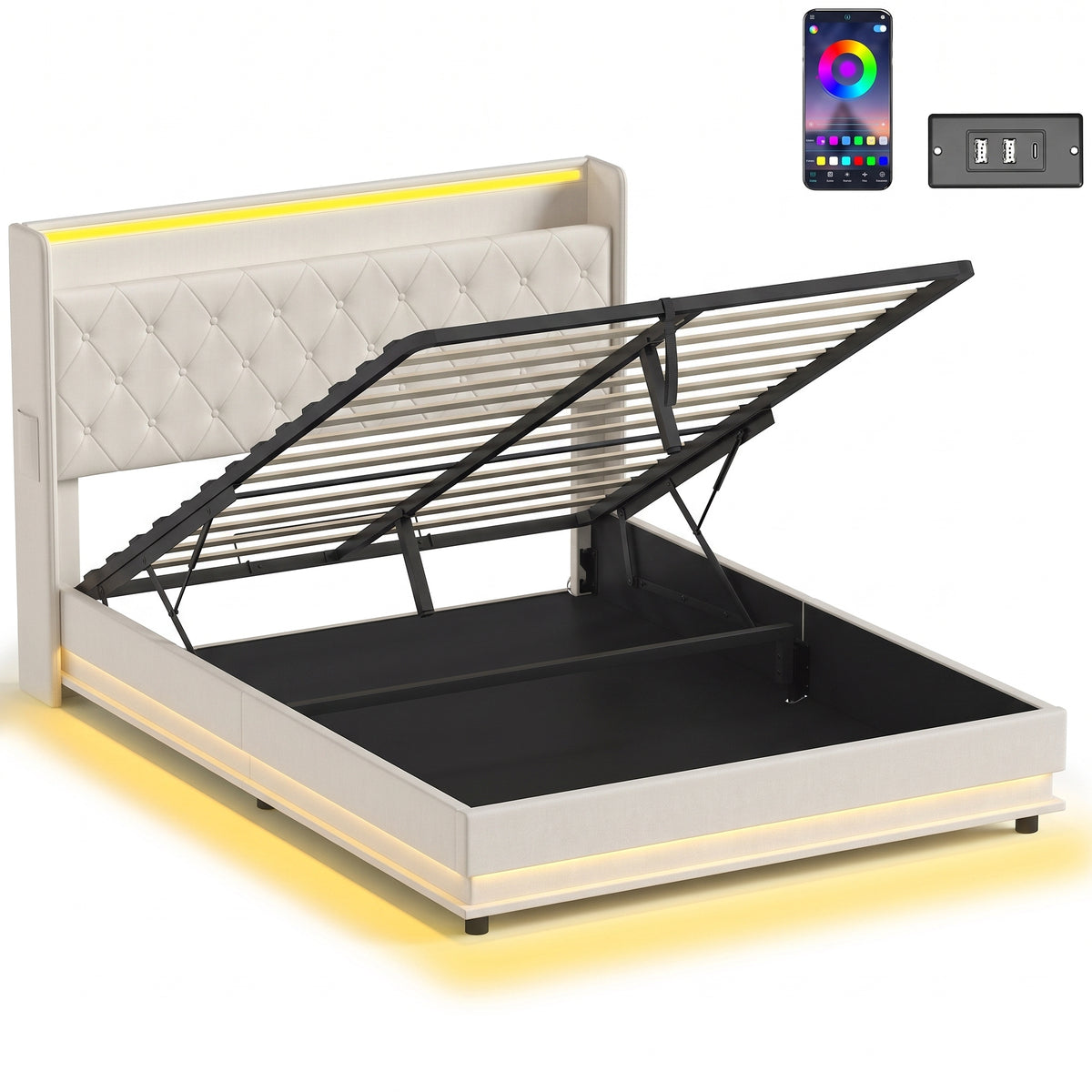 5ft King Ottoman Bed Frame with Hydraulic Storage, APP Control LED Lights and Charging Station, Upholstered Lift Up Storage Bed Frame with Headboard, No Box Spring Needed, Cream White