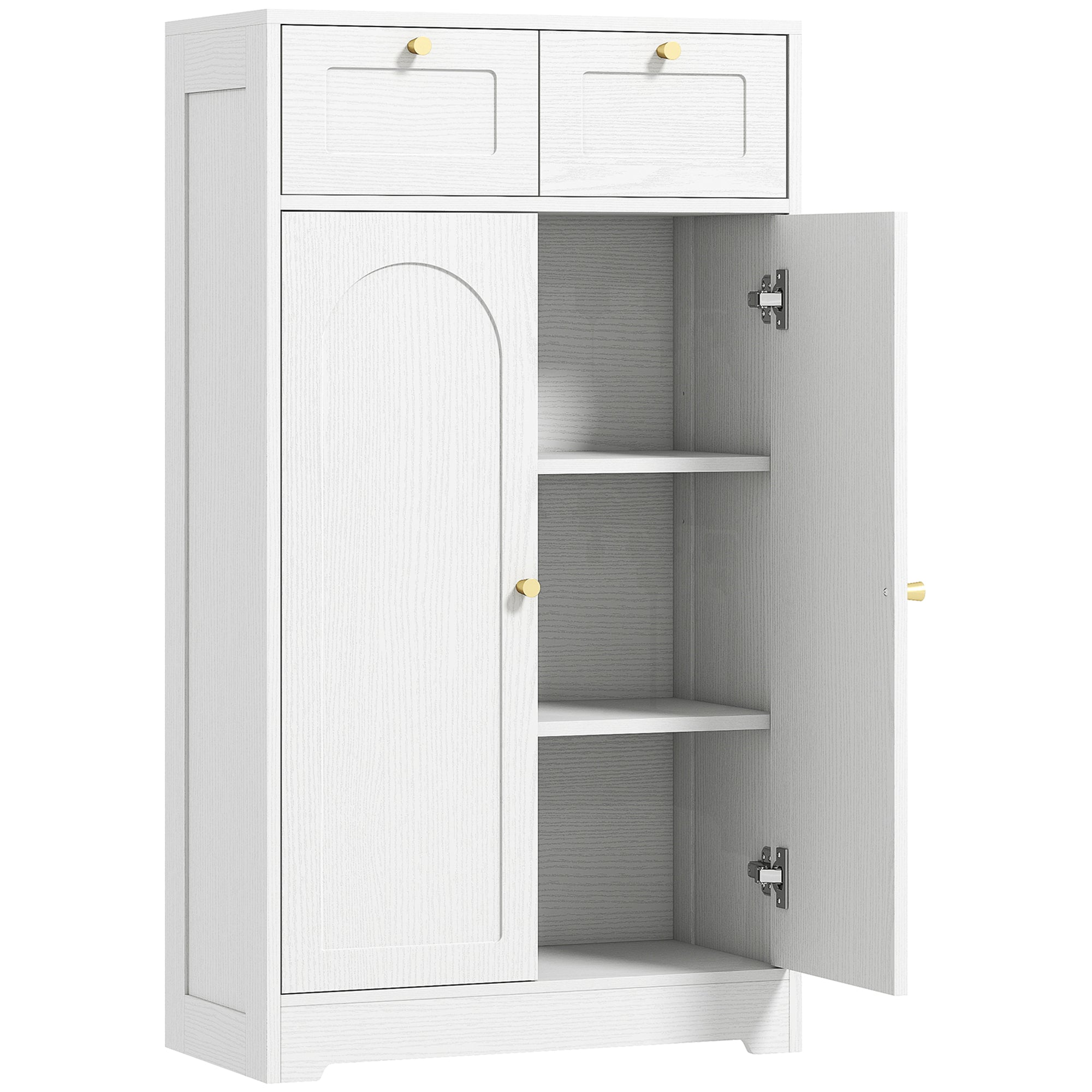 Bathroom Floor Cabinet with 2 Drawers, Freestanding Bathroom Storage Unit with Adjustable Shelf and Arched Doors, White