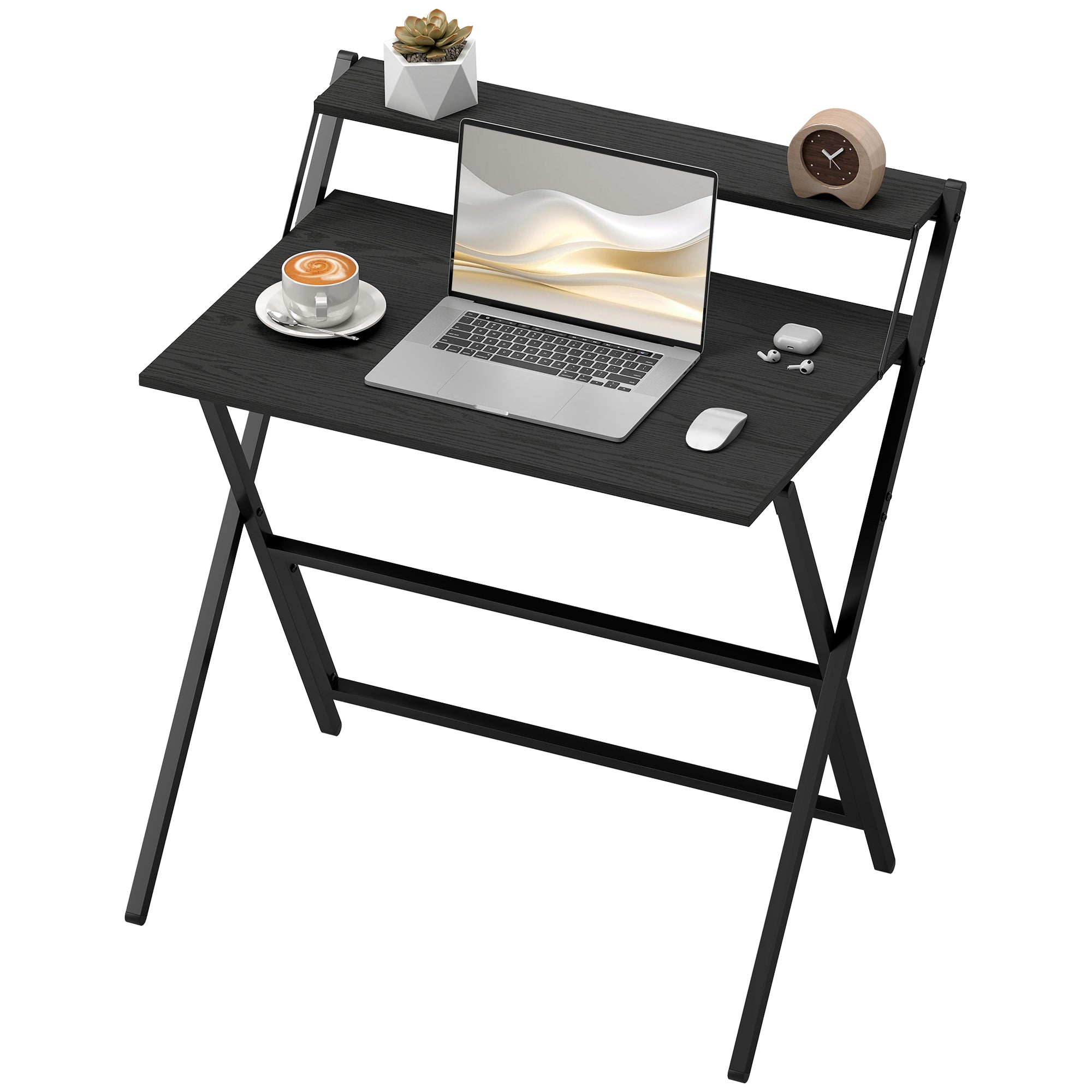 Folding Desk with Monitor Shelf, 81.5 cm Foldable Computer Desk for Small Spaces, Space Saving Writing Table Workstation for Home Office, Study, Easy Assembly, Black