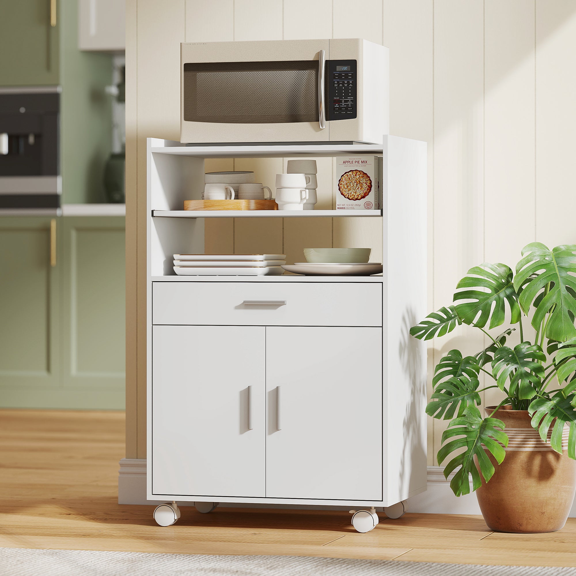 Microwave Cart with Wheels, Microwave Stand with Worktop, Open Shelves and Drawer, Storage Cabinet, White