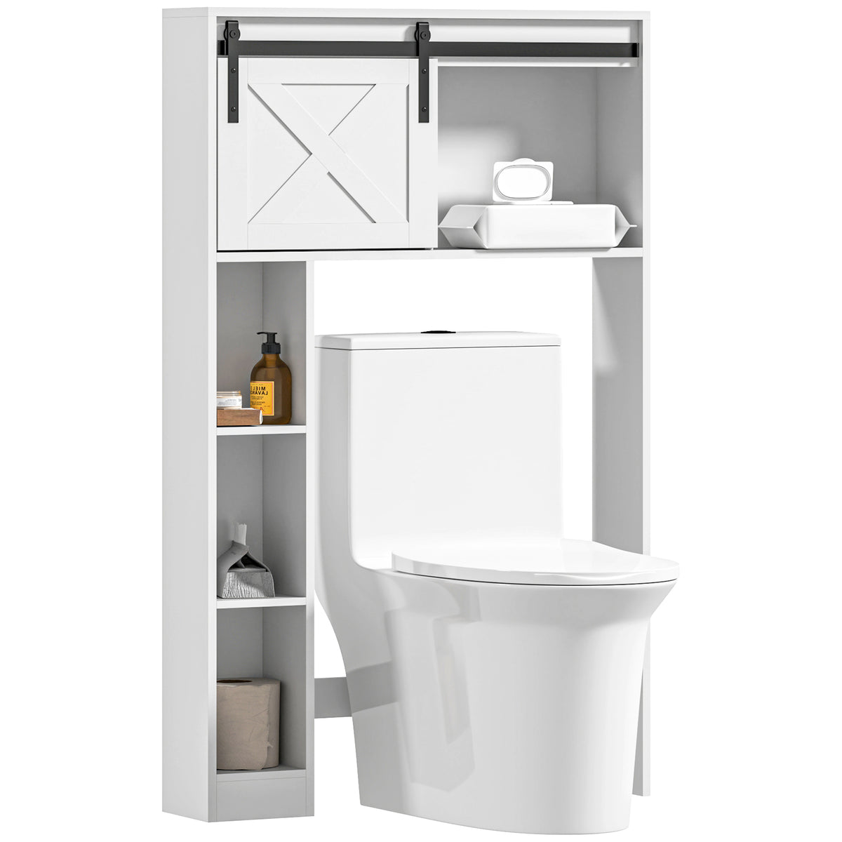 Over-Toilet Storage Cabinet with Sliding Barn Door, Farmhouse Bathroom Cabinet with Compartments & Adjustable Shelf, Freestanding Bathroom Space Saver for Restroom, White