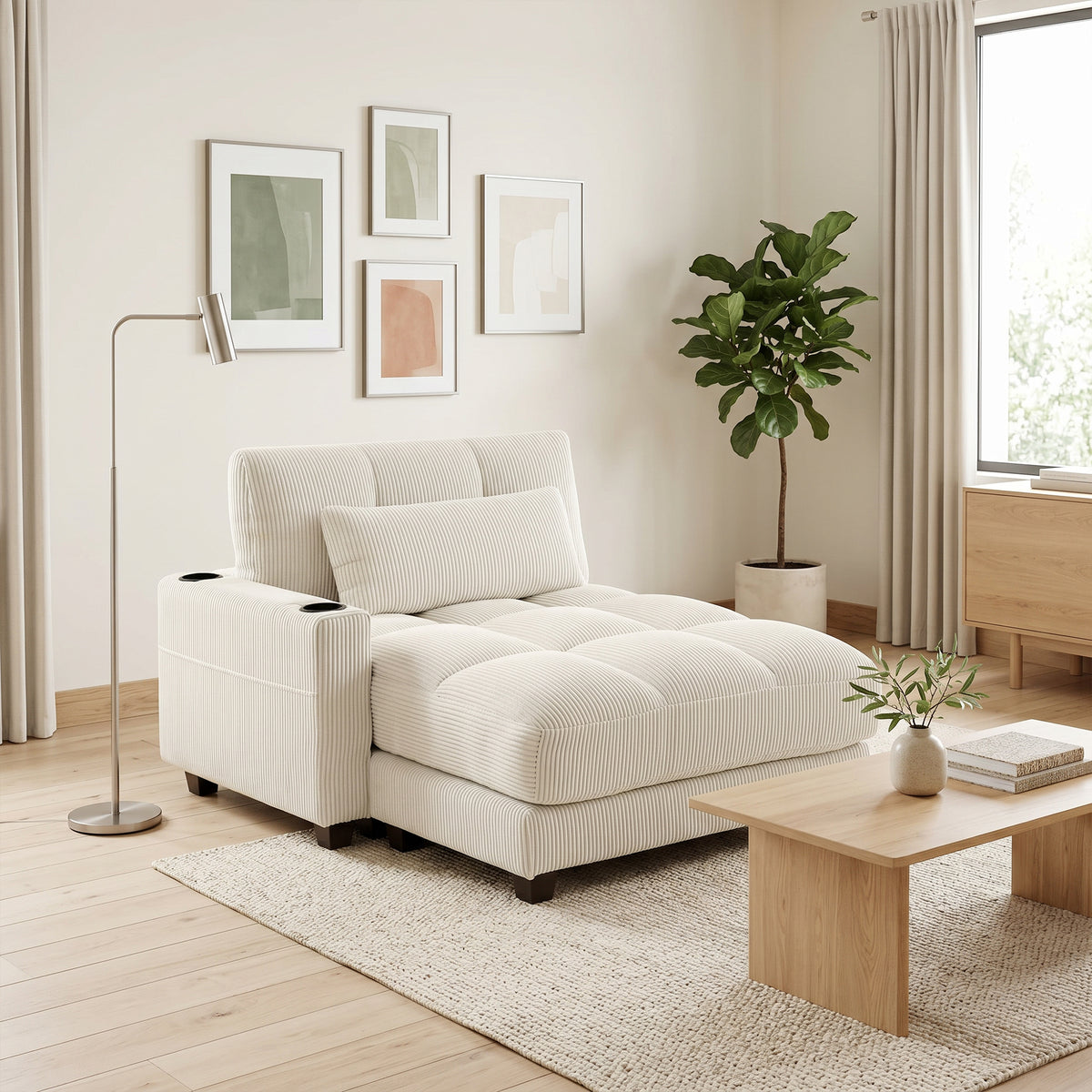 58" Chaise Lounge Chair Indoor, Oversized Corduroy Upholstered Sofa Bed, 2 Cup Holders, Pillow, Deep Seat Sleeper Couch Reading Chair for Living Room, Bedroom, Cream White