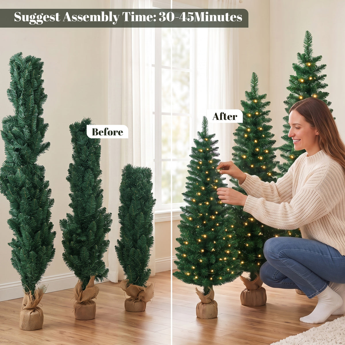 Artificial Pencil Christmas Tree Set of 3, Pre-Lit Christmas Trees with PVC Tips and Warm White LED Lights, Slim Xmas Decorations, 3/4/5 ft, Green