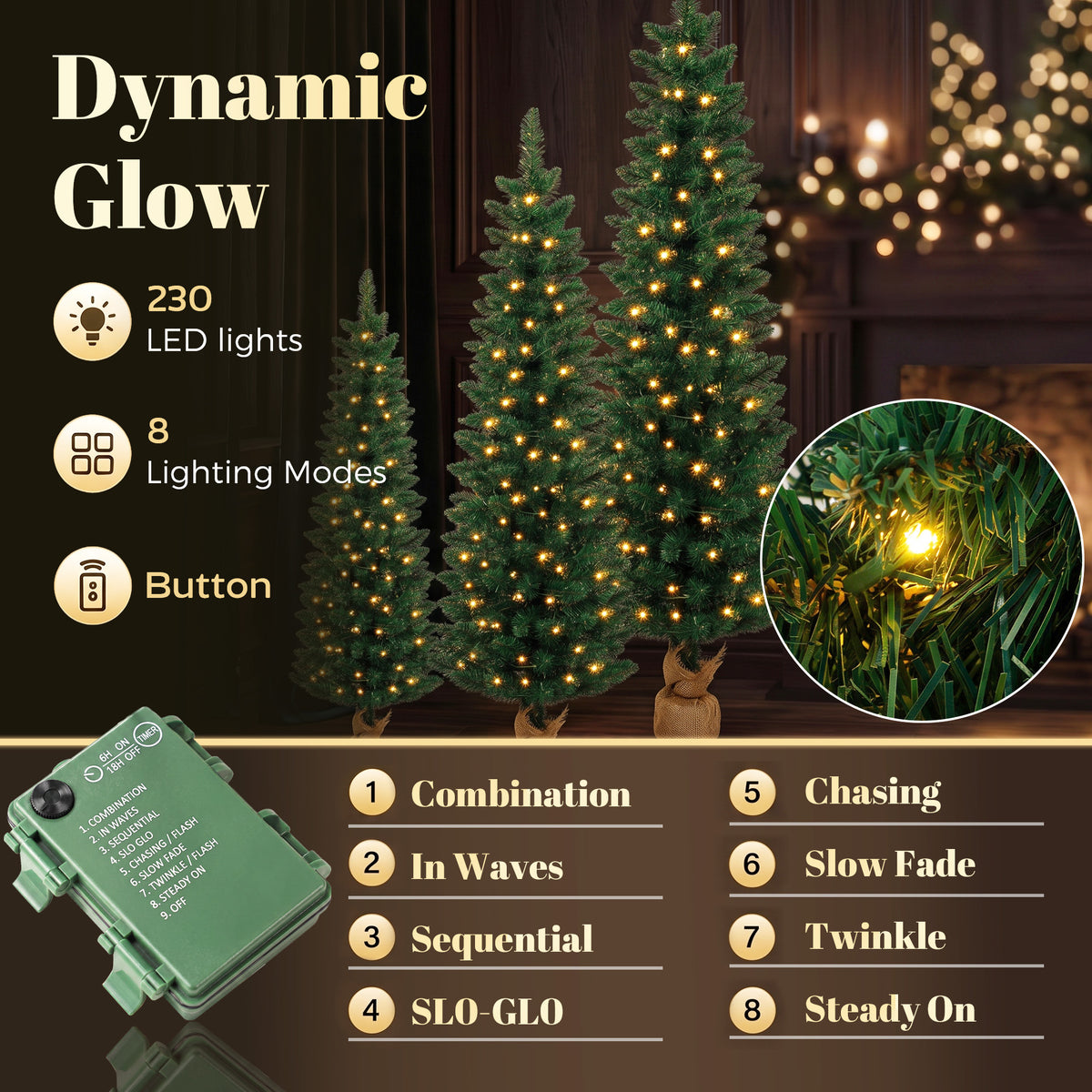 Artificial Pencil Christmas Tree Set of 3, Pre-Lit Christmas Trees with PVC Tips and Warm White LED Lights, Slim Xmas Decorations, 3/4/5 ft, Green