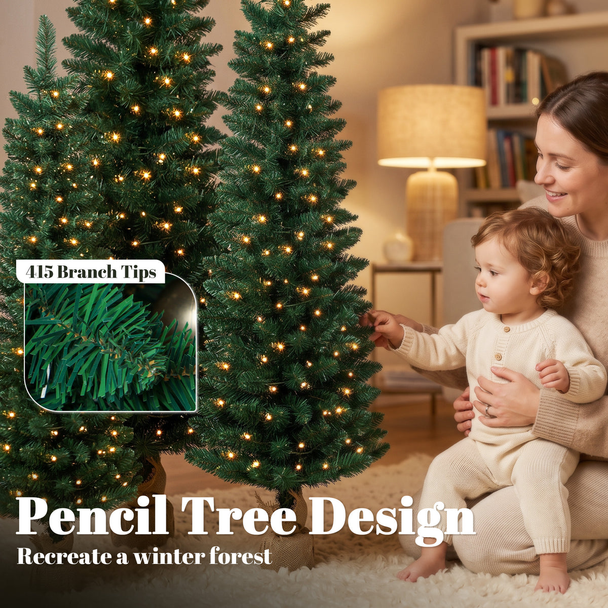 Artificial Pencil Christmas Tree Set of 3, Pre-Lit Christmas Trees with PVC Tips and Warm White LED Lights, Slim Xmas Decorations, 3/4/5 ft, Green