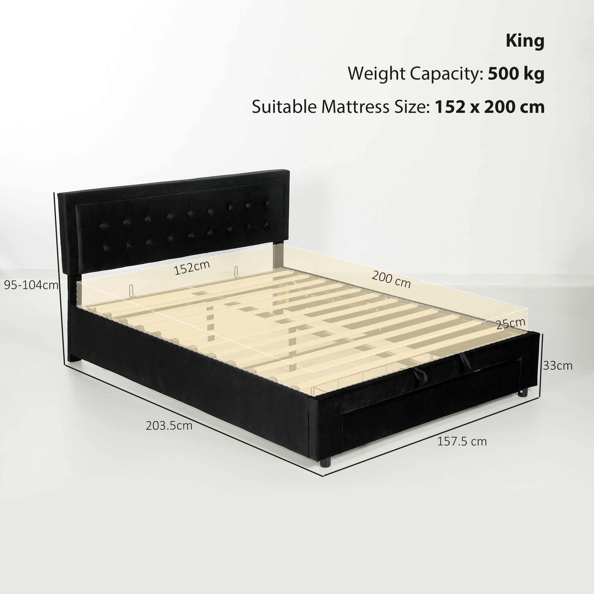 Upholstered Bed Frame with Storage Drawer and Adjustable Headboard, 5ft King Size Ottoman Bed with Gas Lift End Opening, Wooden Slats, No Mattress, Black