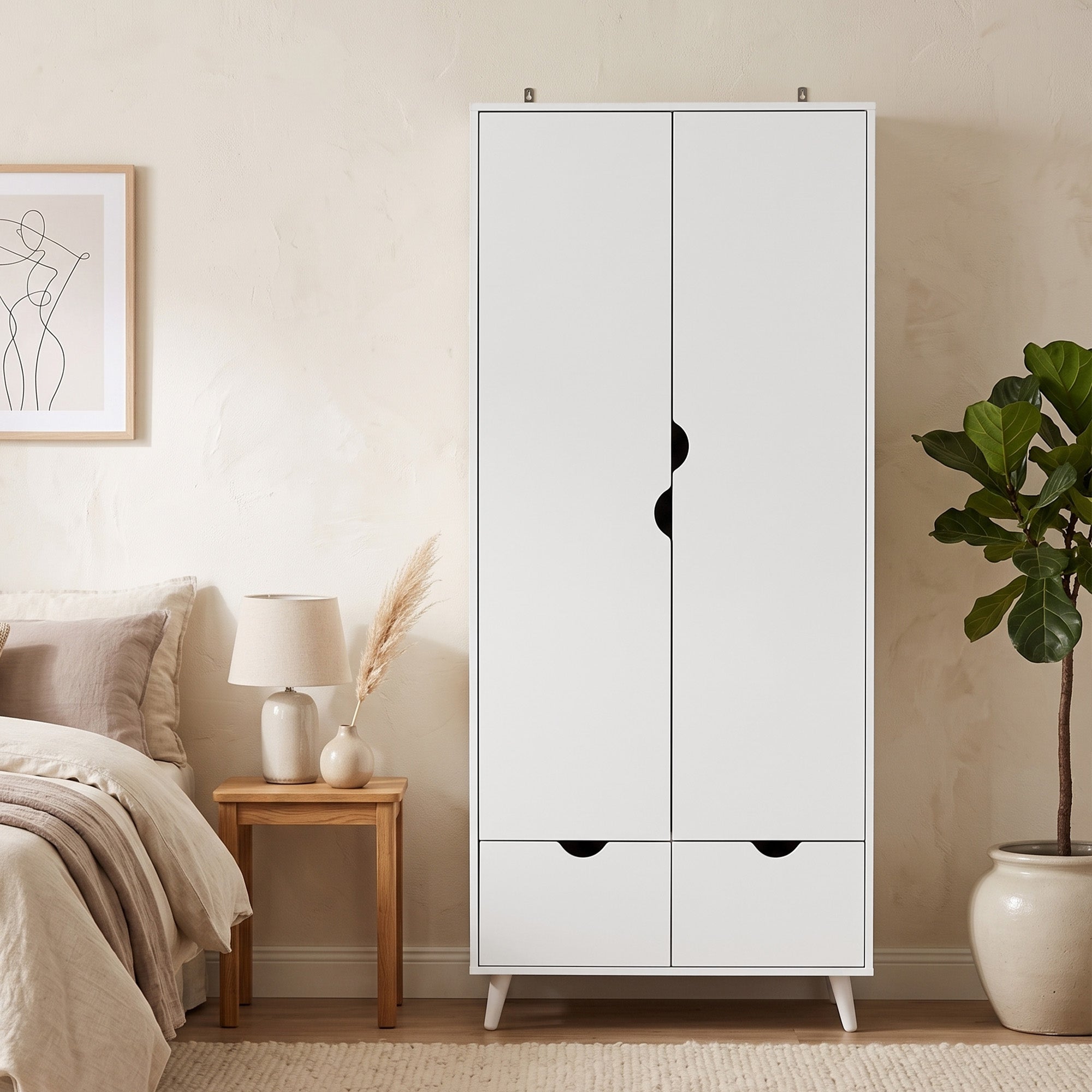 2-Door Clothes Wardrobe with Hanging Rail, Top Storage Shelf and 2 Drawers, Wood Feet, Elegant Home Storage Organisation Furniture for Dresses, Coats and Accessories, White