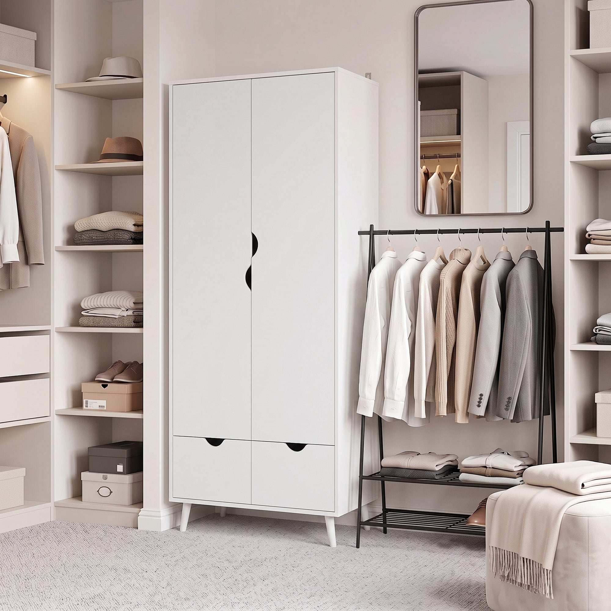 2-Door Clothes Wardrobe with Hanging Rail, Top Storage Shelf and 2 Drawers, Wood Feet, Elegant Home Storage Organisation Furniture for Dresses, Coats and Accessories, White