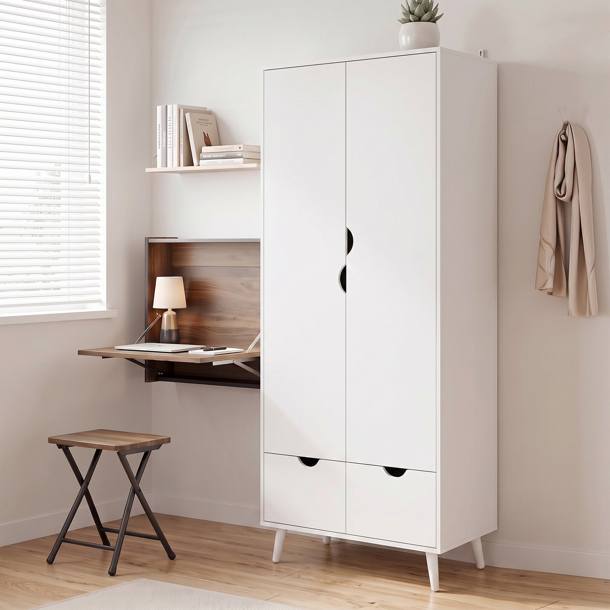 2-Door Clothes Wardrobe with Hanging Rail, Top Storage Shelf and 2 Drawers, Wood Feet, Elegant Home Storage Organisation Furniture for Dresses, Coats and Accessories, White