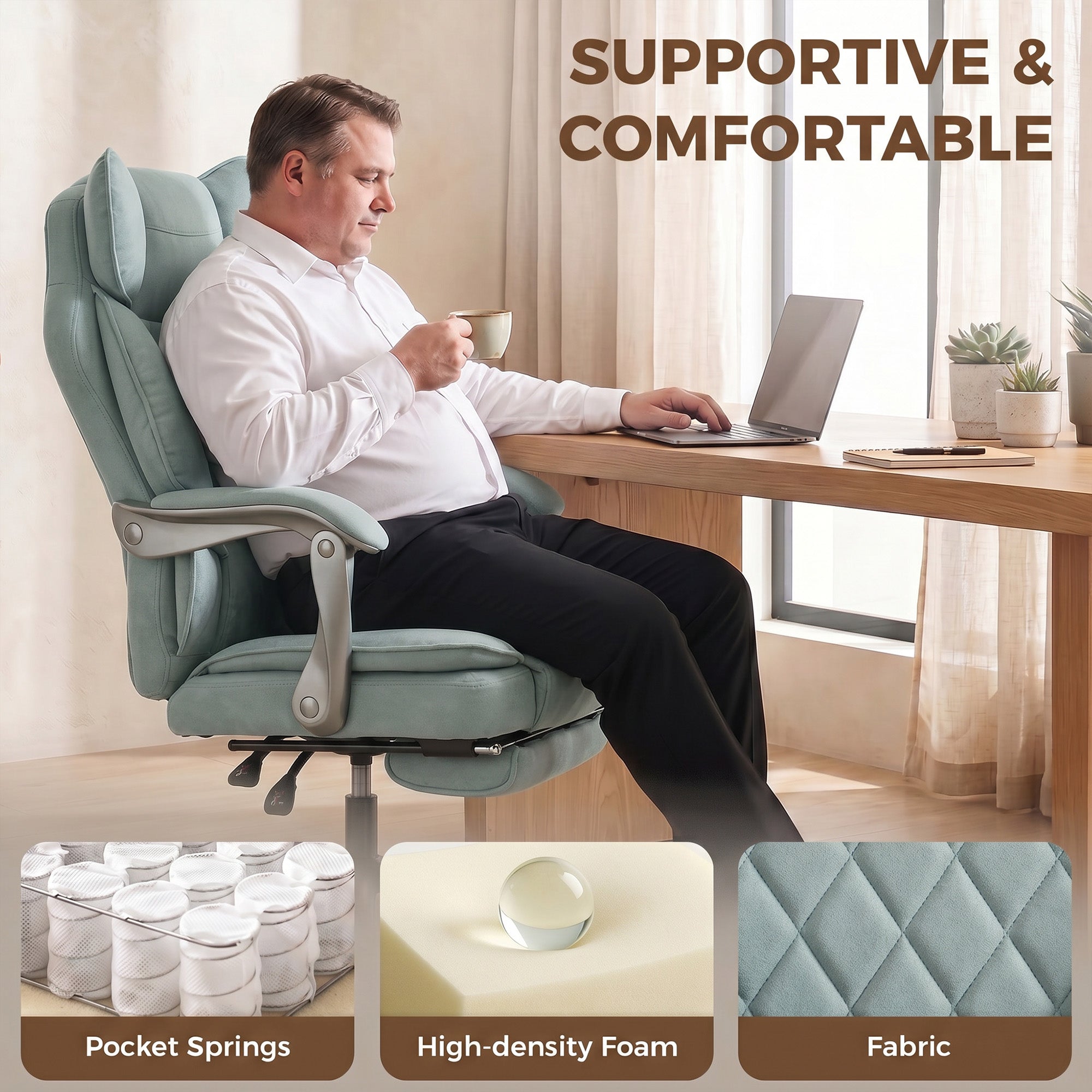 Executive Office Chair with Footrest, 180kg 400lb Big and Tall Leathaire Desk Chair with Wide Seat, Reclining Back, Lumbar Support, Built-in Headrest, Class 4 Gas Lift, Swivel Wheel, Blue