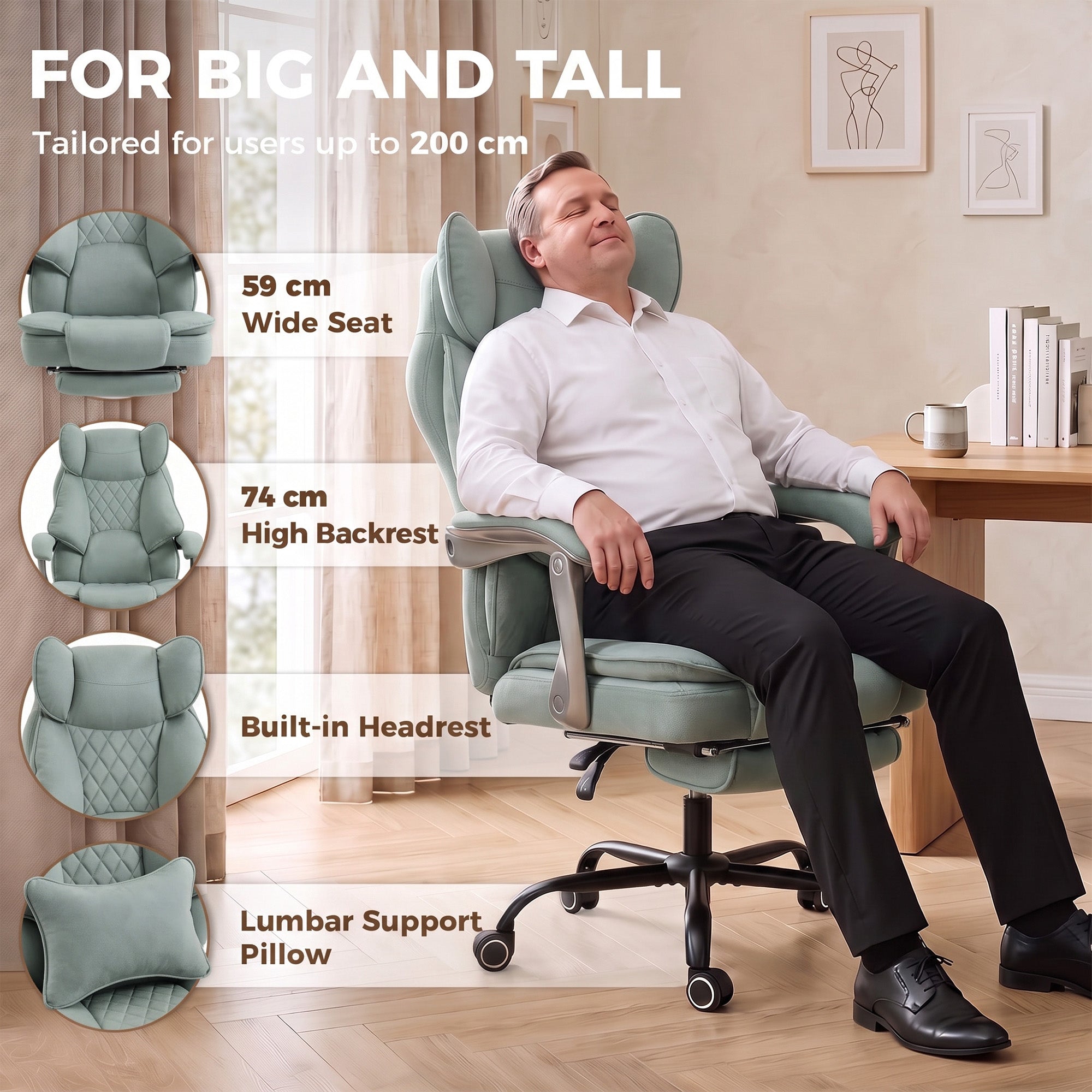 Executive Office Chair with Footrest, 180kg 400lb Big and Tall Leathaire Desk Chair with Wide Seat, Reclining Back, Lumbar Support, Built-in Headrest, Class 4 Gas Lift, Swivel Wheel, Blue