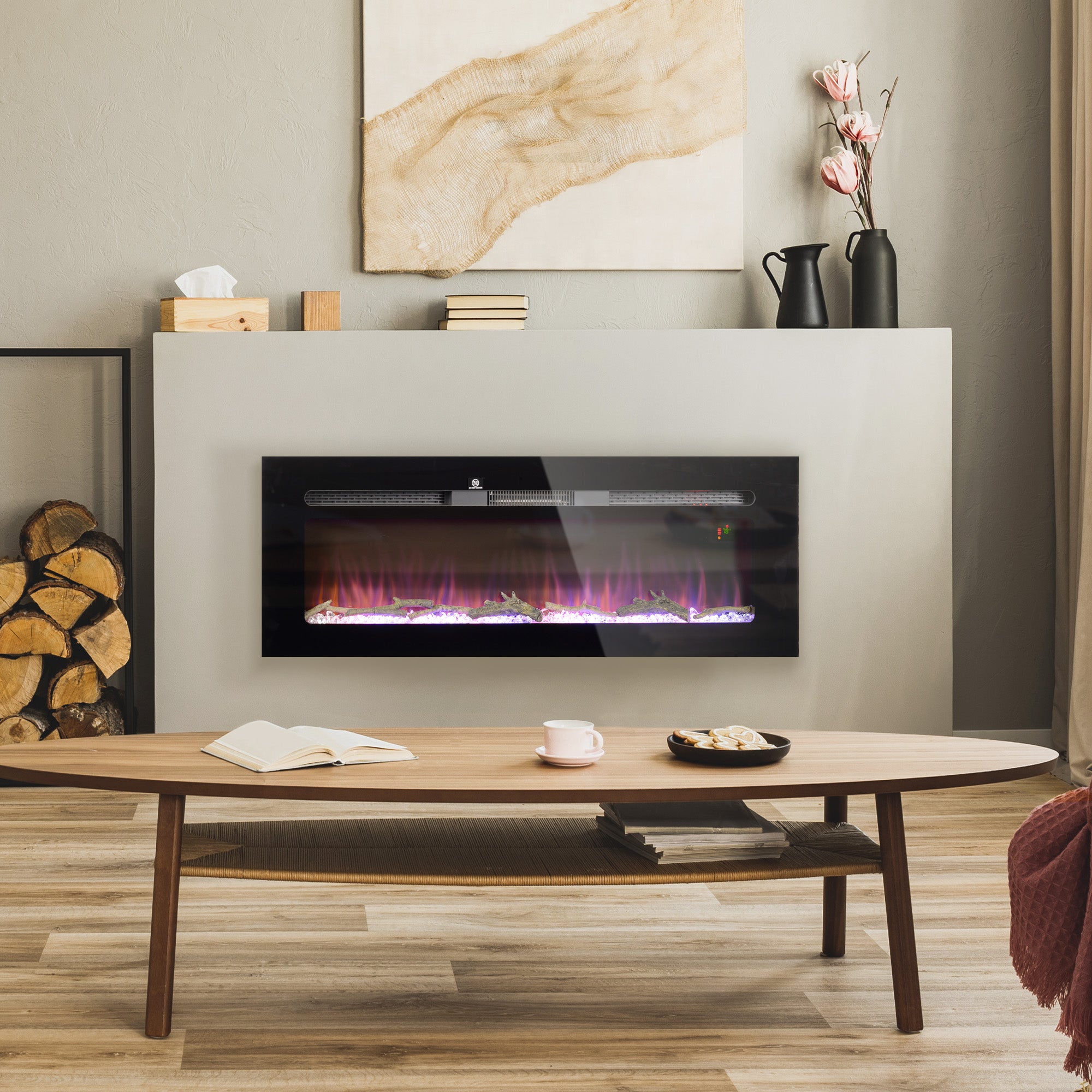 40" Insert Electric Fireplace Heater, Realistic Electric Wood Burner w/ Remote Control, Adjustable Flame Color & Brightness