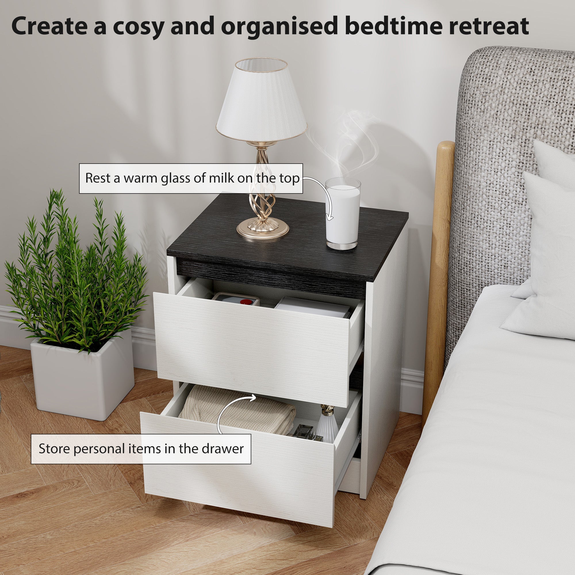 Nightstands Set of 2, Modern Bedside Tables with 2 Drawers, End Side Tables for Bedroom, White