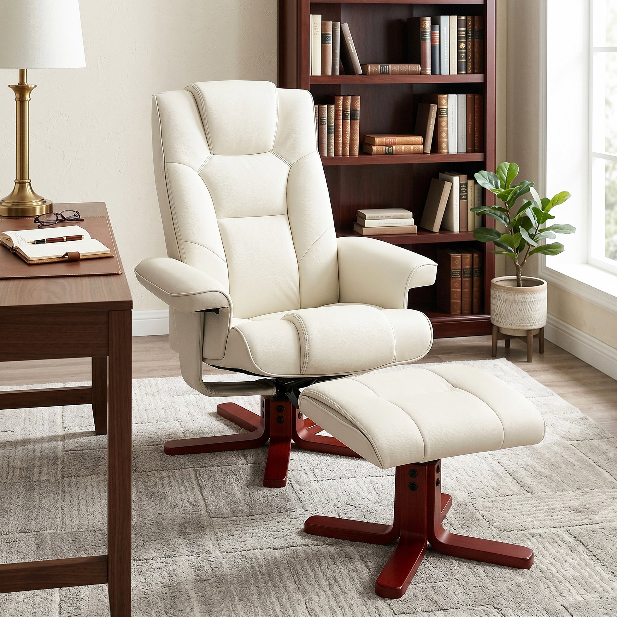 Recliner Chair with Footstool, PU Leather Rocker Recliner Armchair with High Back, Wooden Base, Reclining Chair for Living Room, Bedroom, Cream White