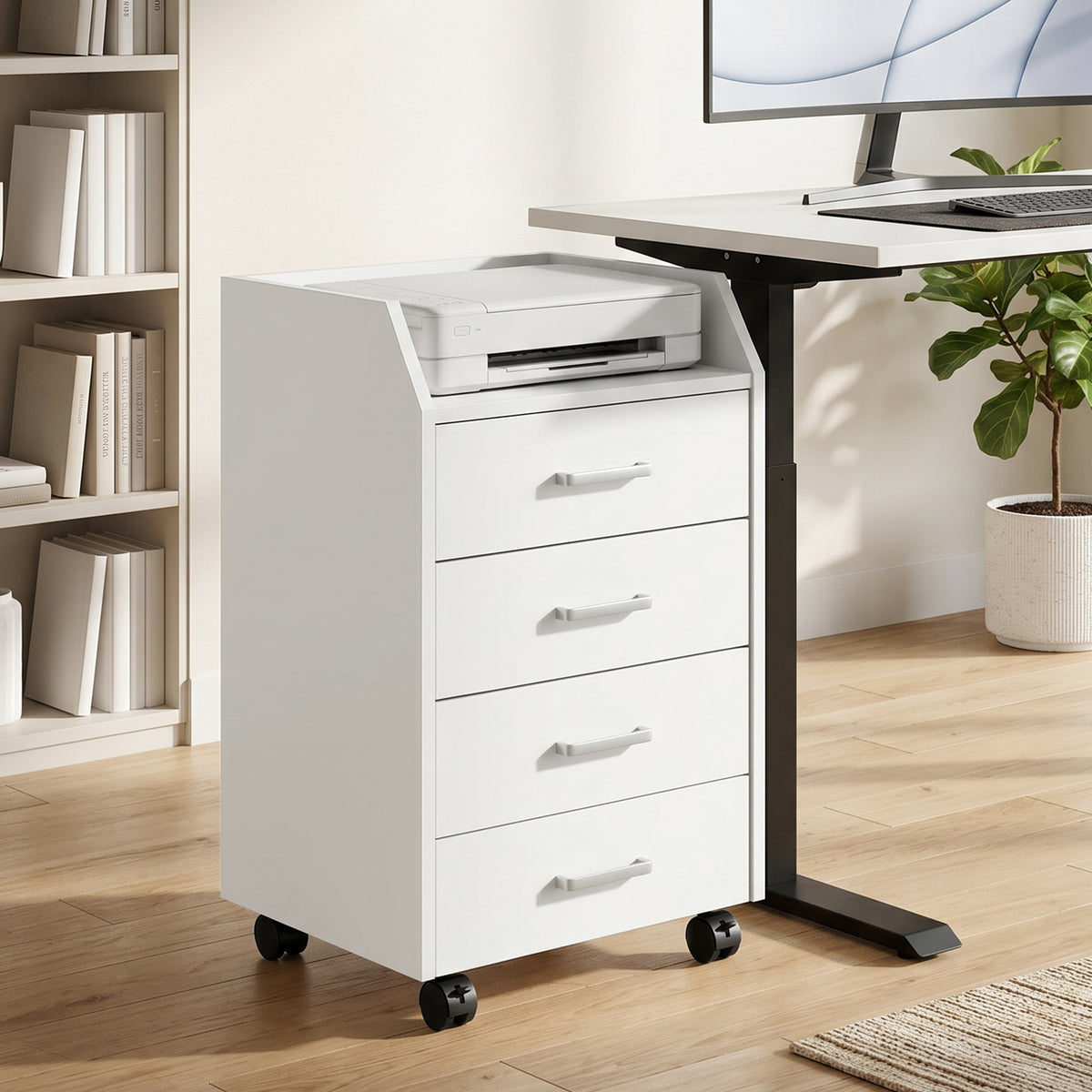 4-Drawer File Cabinet with Lockable Wheels, Vertical Mobile Filing Cabinet, Rolling Printer Stand with Tabletop for Home Office, White