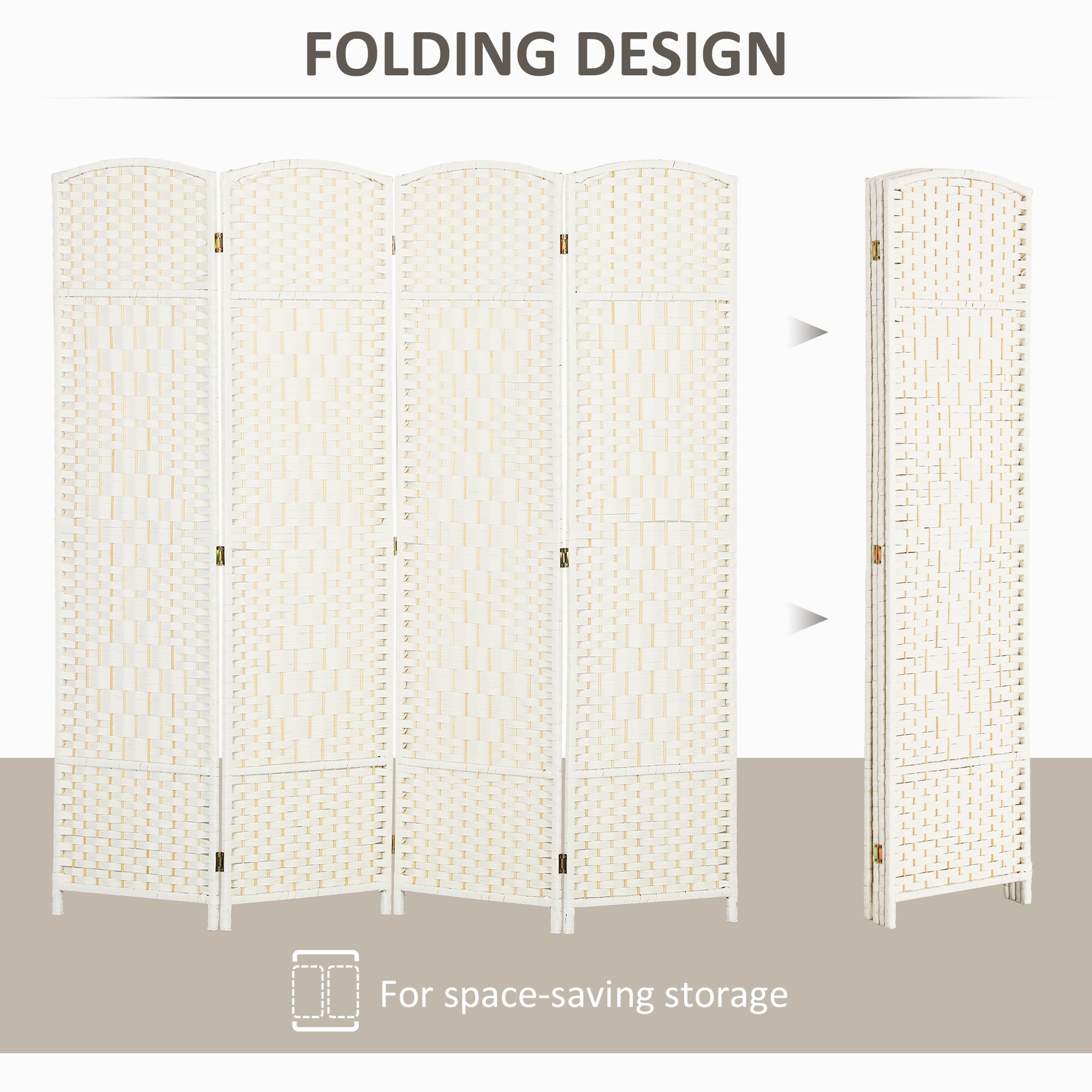 Folding Room Divider Screen 4 Panel 6' Tall Privacy Screen Freestanding Wood Partition for Home Office White