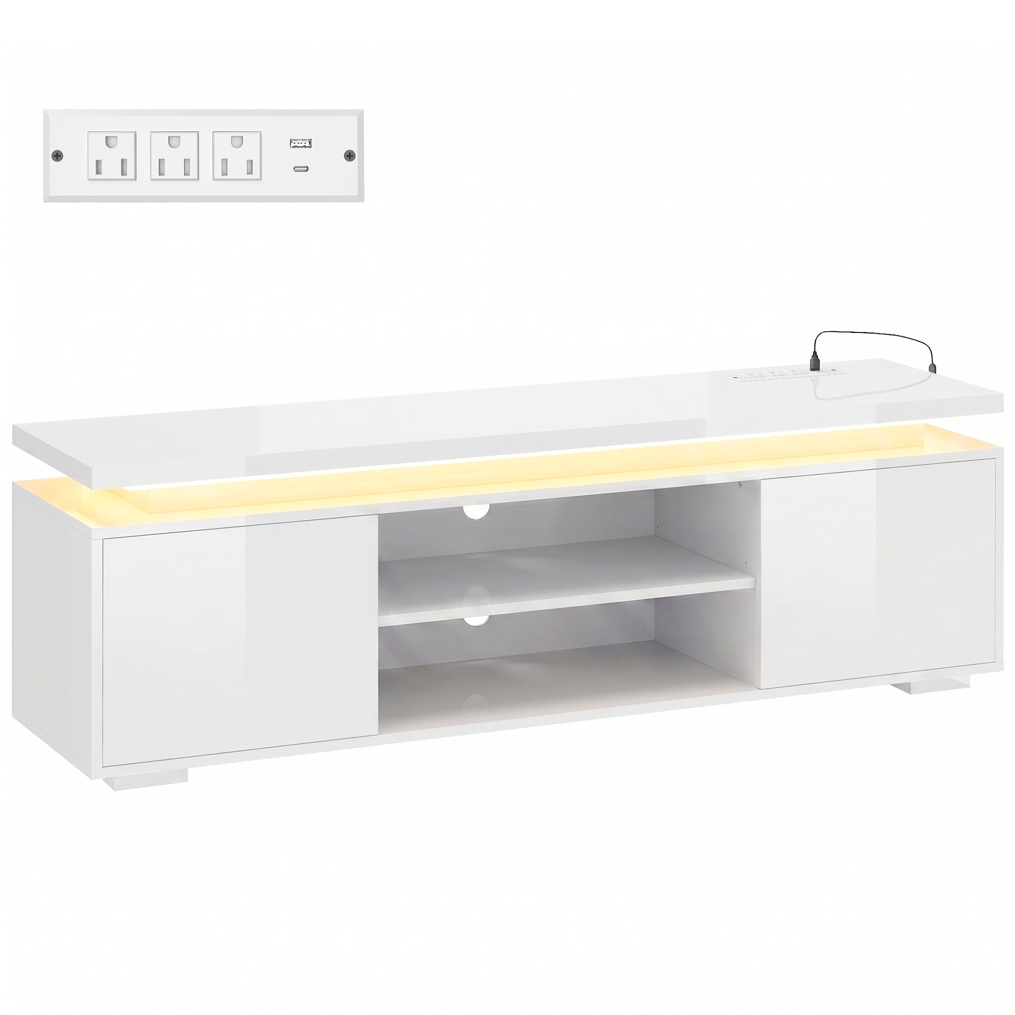 TV Stand for TVs up to 60 Inch, Modern Entertainment Center with LED Lights and Power Outlets, Media Console Table with 2 Cabinets & Adjustable Open Shelf, High Gloss White